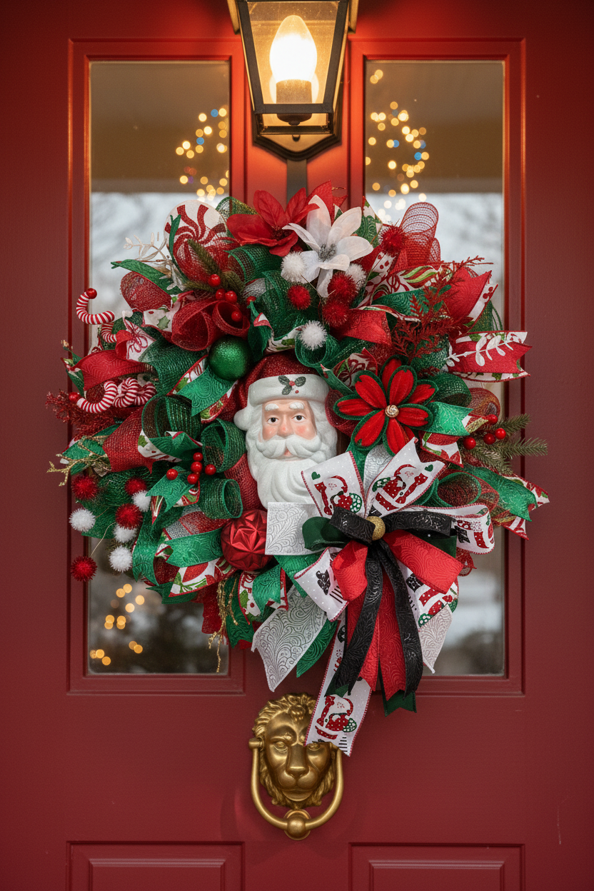 Christmas Wreath | Handmade Santa Christmas Wreath | Holiday Mesh, Festive Decor
