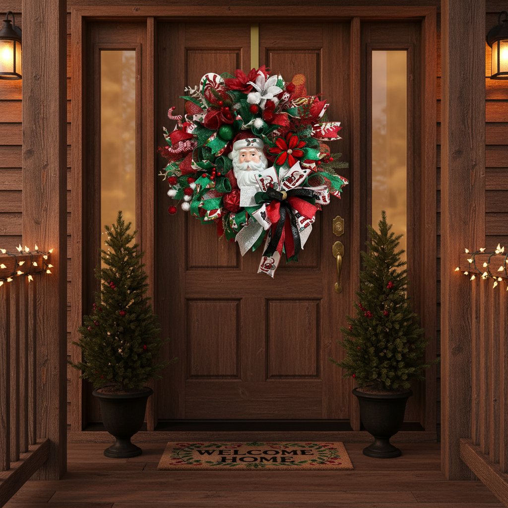 Christmas Wreath | Handmade Santa Christmas Wreath | Holiday Mesh, Festive Decor