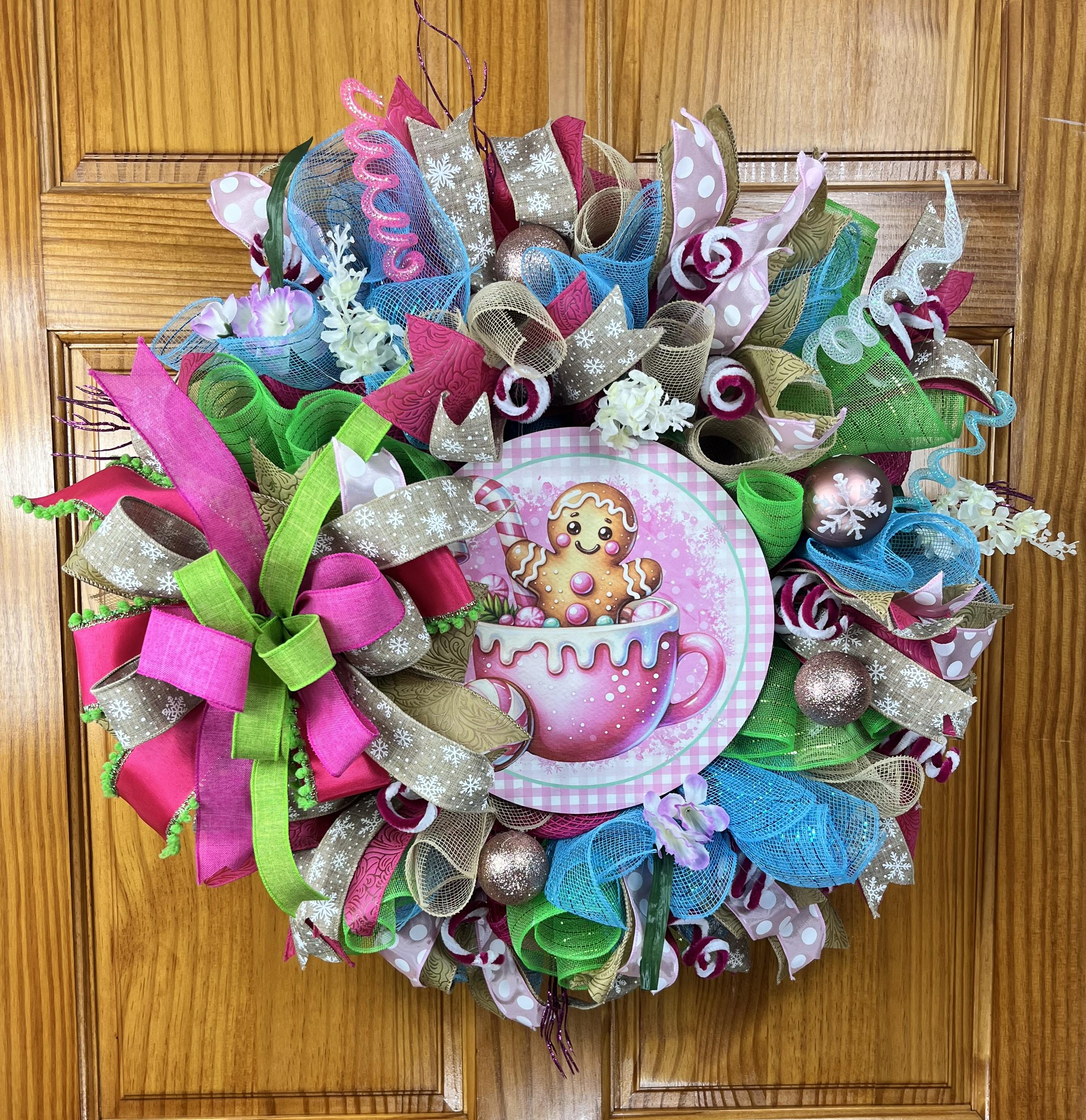 Gingerbread Hot Cocoa Christmas Wreath | Whimsical Candyland Front Door Wreath | Pink Christmas Decor | Handmade Holiday Door Hanger