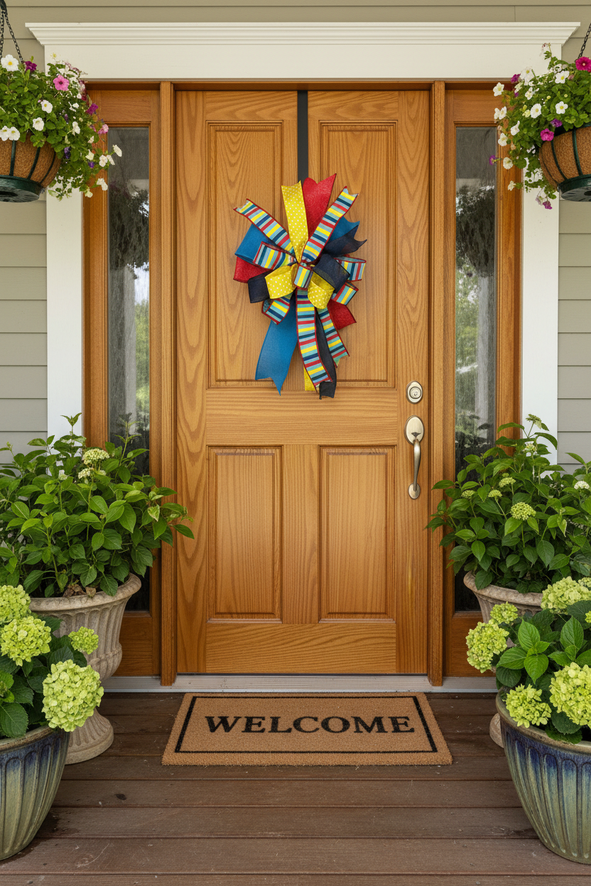Colorful Multi Ribbon Bow, Red Yellow Blue Striped Decorative Bow for Wreaths, Doors and Home Decor
