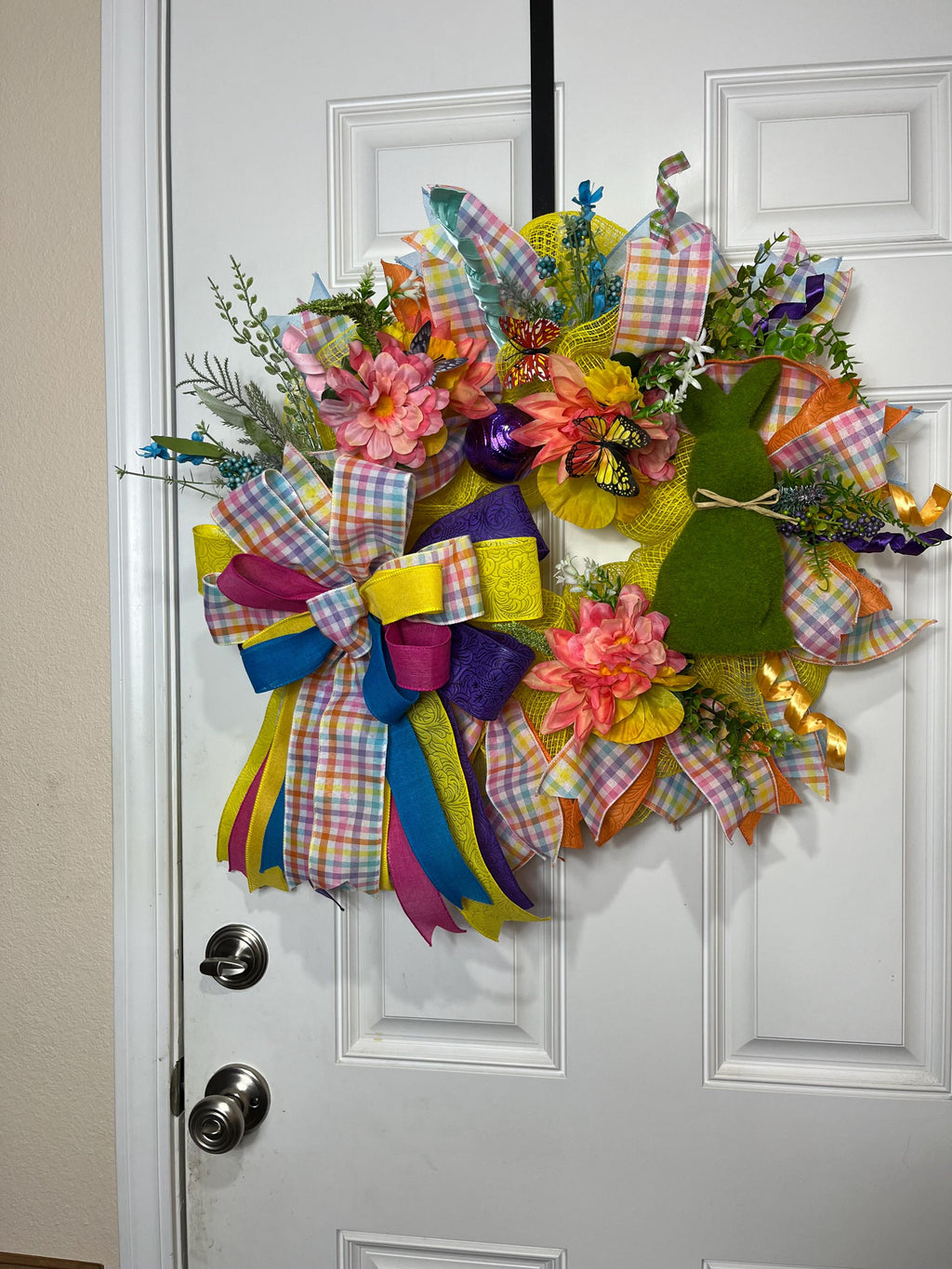 Easter Bunny Wreath | Pastel Plaid Floral Door Hanger | Spring Wreath