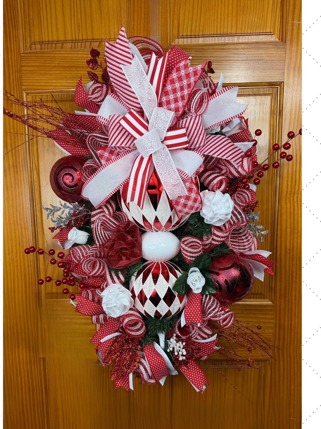Elegant Stacked Ornament Christmas Wreath | Handmade Red & White Holiday Front Door Wreath | Luxury Christmas Door Hanger | Farmhouse Holiday Decor