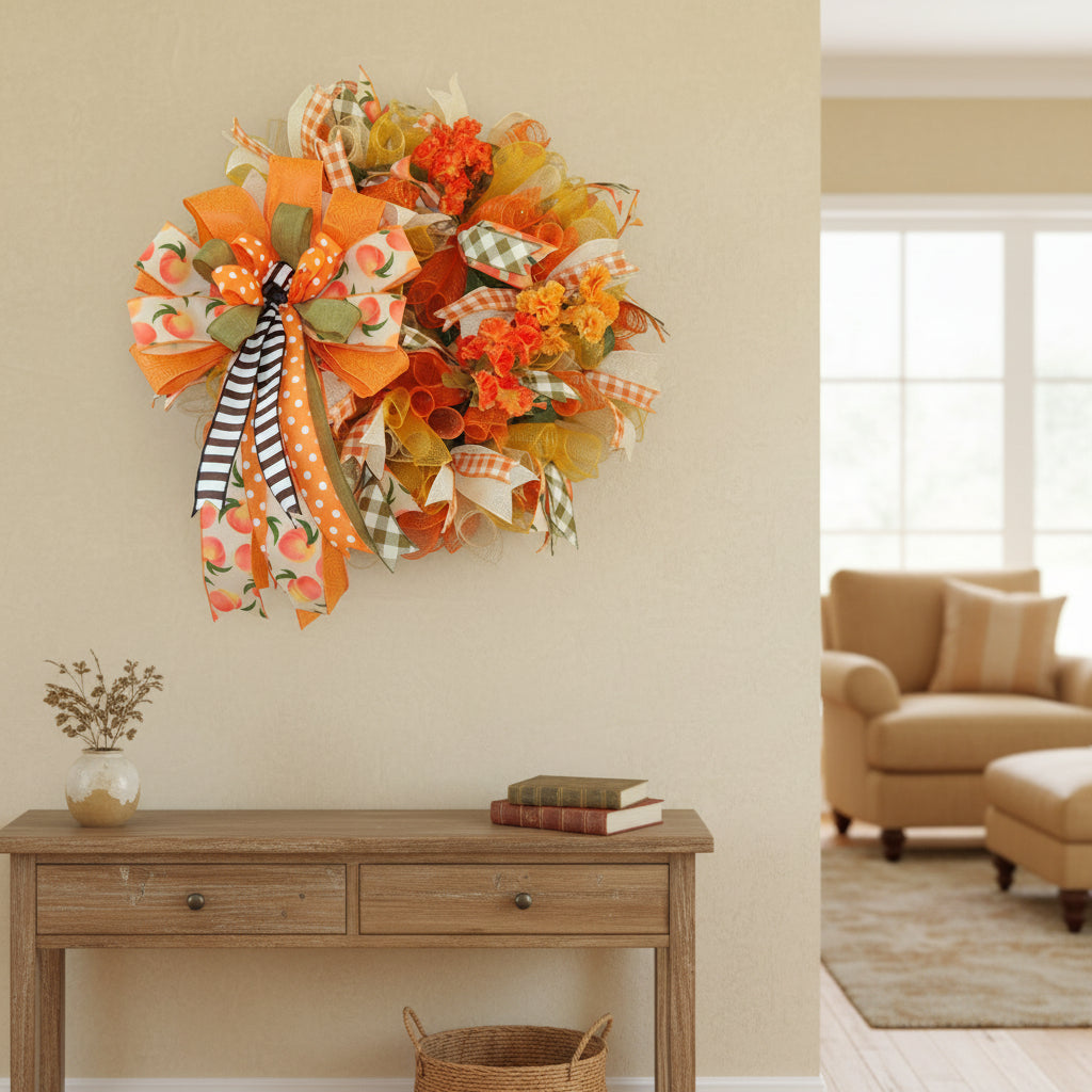 Peach & Orange Fall Wreath | Polka Dot Bows | Autumn Door Decor