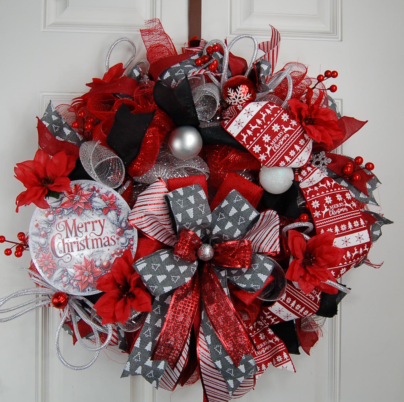 Christmas | Red Poinsettia Wreath | Silver Accents | Holiday Door Decor