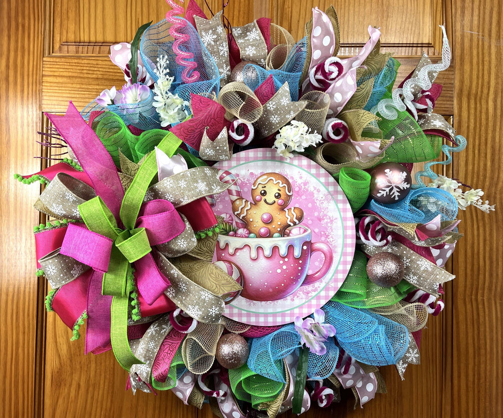 Gingerbread Hot Cocoa Christmas Wreath | Whimsical Candyland Front Door Wreath | Pink Christmas Decor | Handmade Holiday Door Hanger