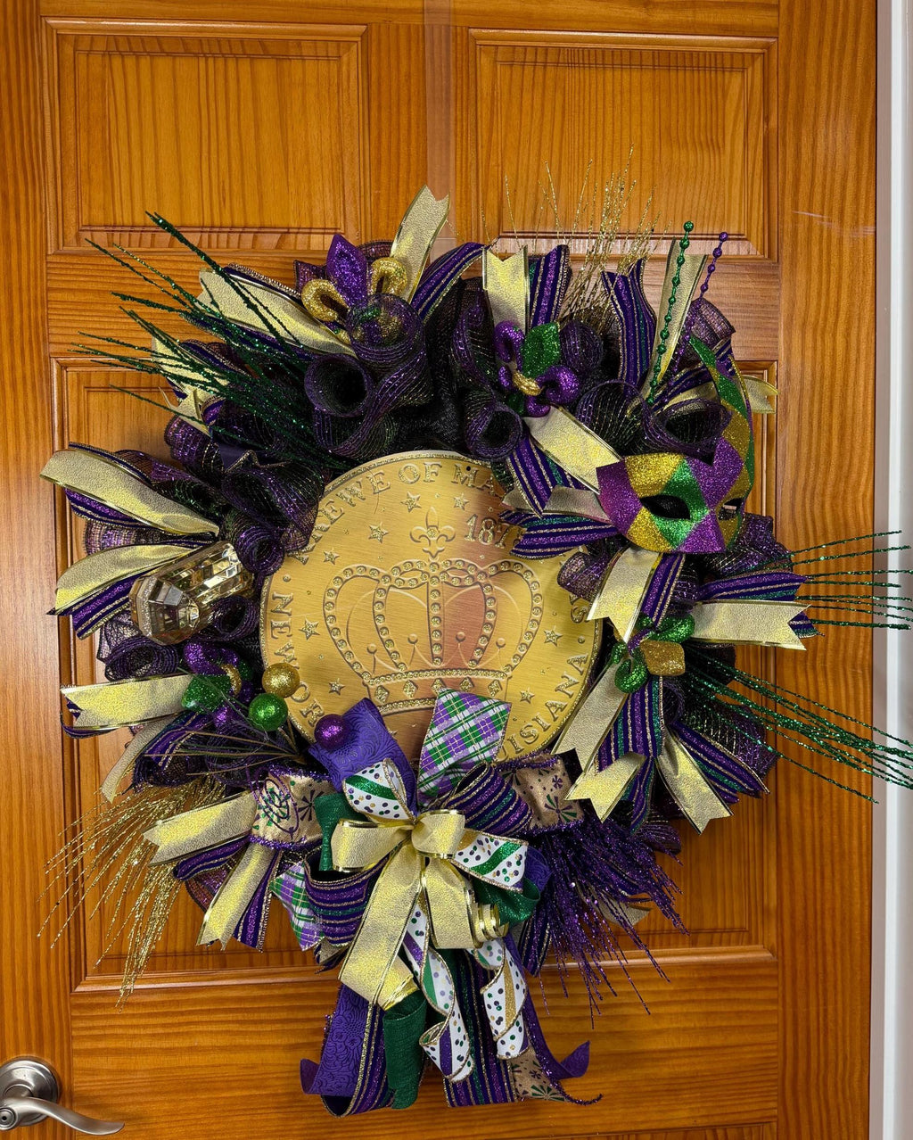 Mardi Gras Wreath, Purple Green Gold Door Decor, Fleur De Lis Mask Accent