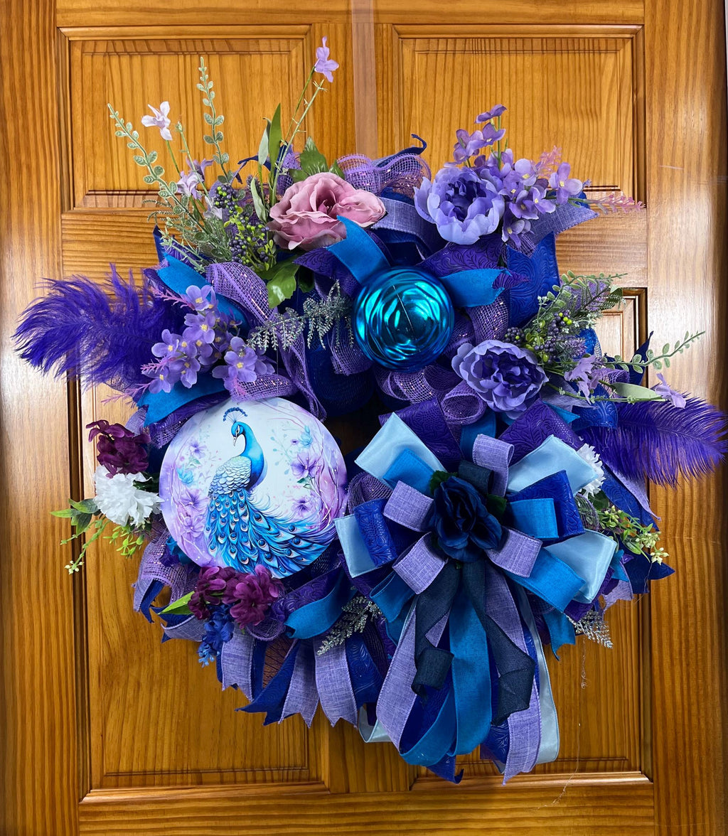 Royal Peacock Wreath | Handmade Blue & Purple Front Door Wreath | Elegant Floral Peacock Door Hanger | Luxury Everyday Home Decor