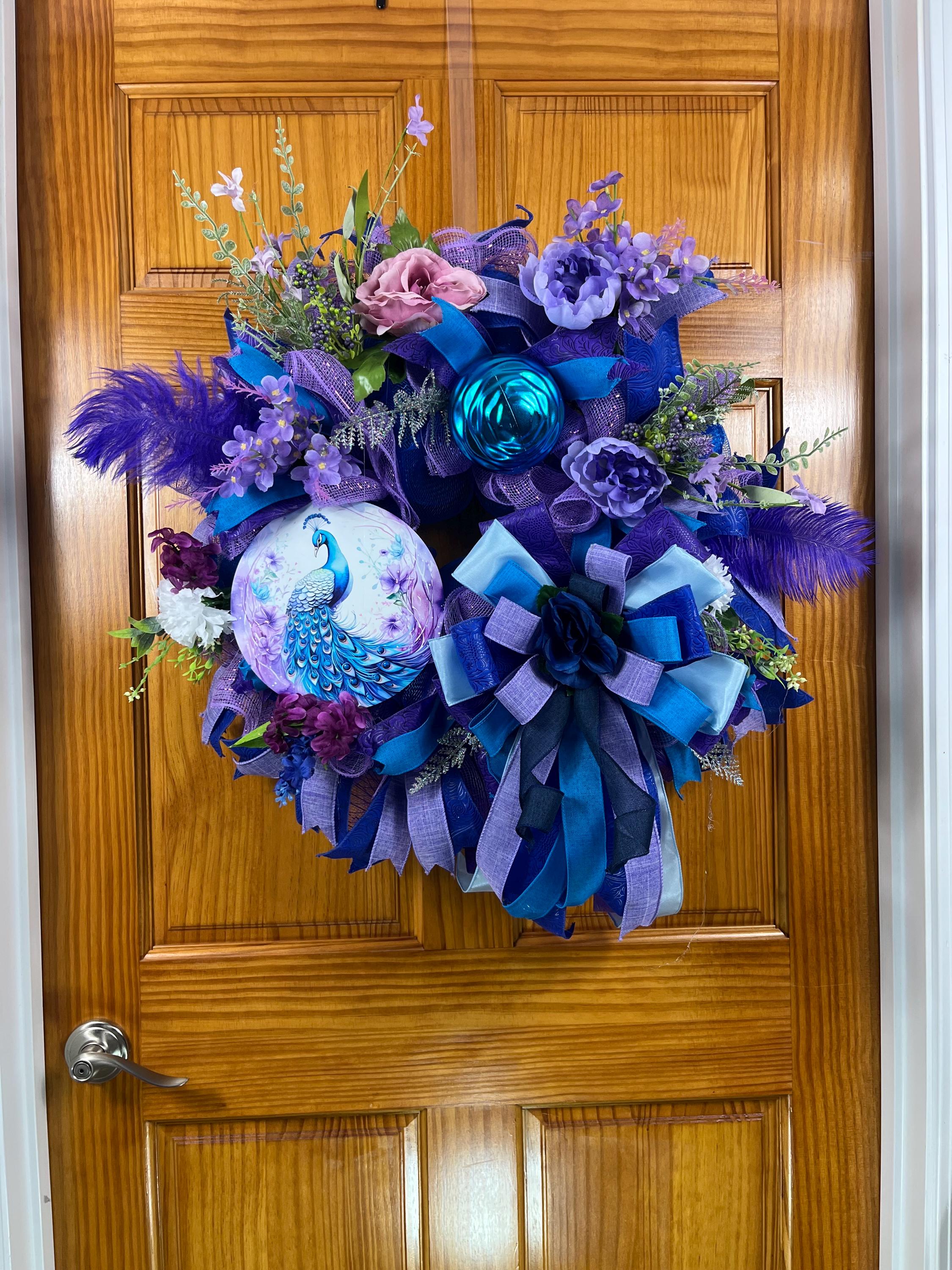 Peacock Wreath, Elegant Blue & Purple Deco Mesh Door Decor