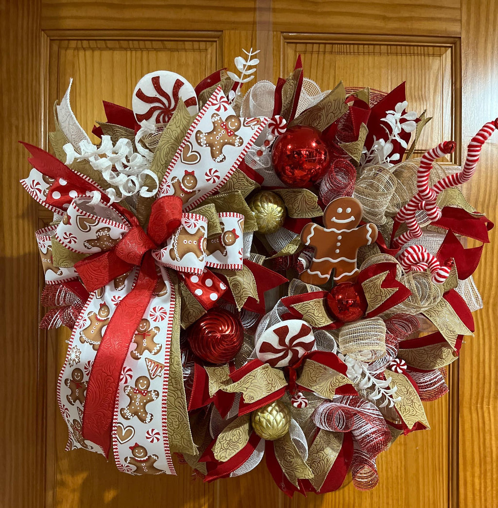 Christmas| Gingerbread Man Christmas Wreath | Red Gold Peppermint Candy Holiday Door Decor
