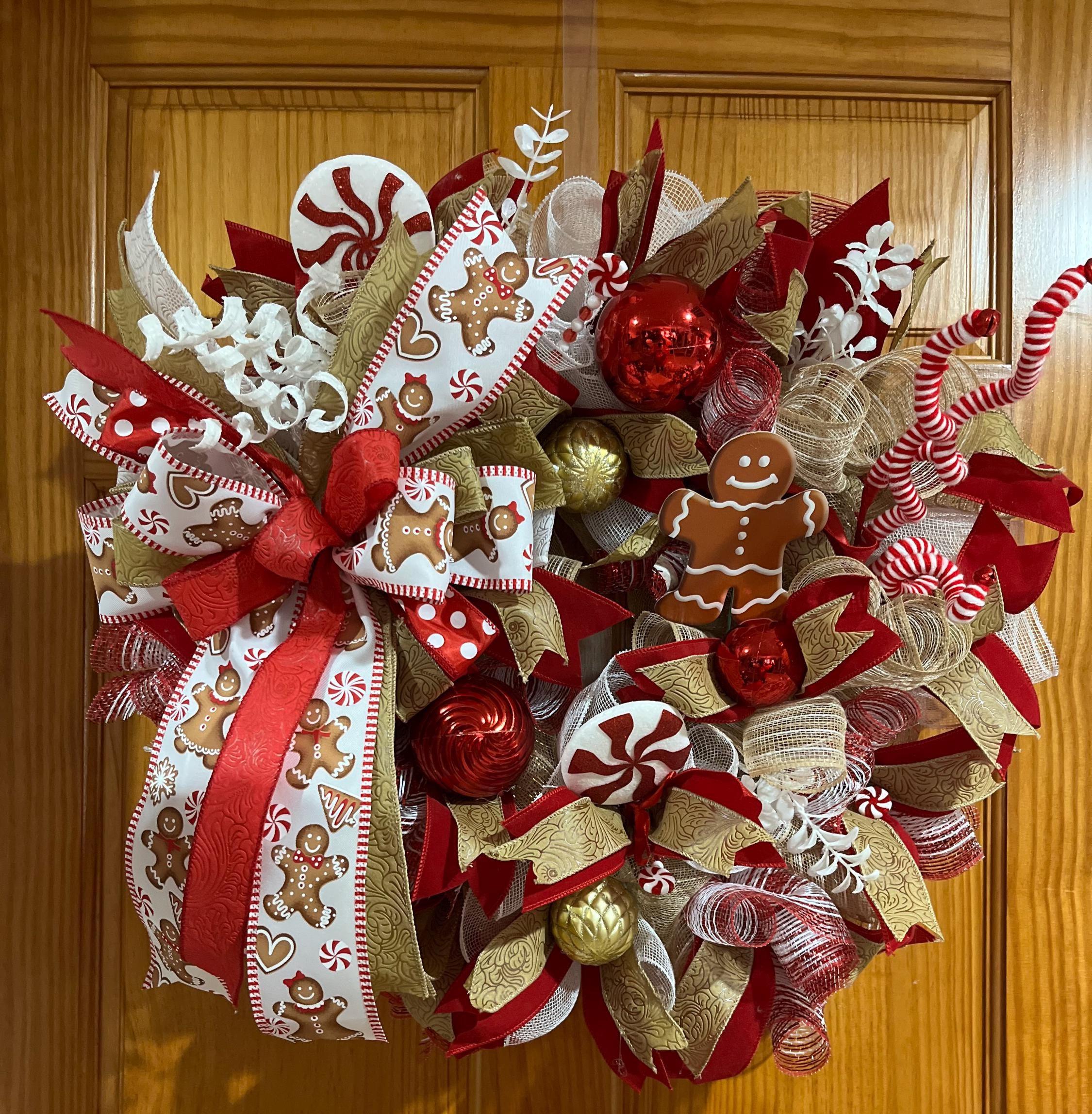 Christmas| Gingerbread Man Christmas Wreath | Red Gold Peppermint Candy Holiday Door Decor