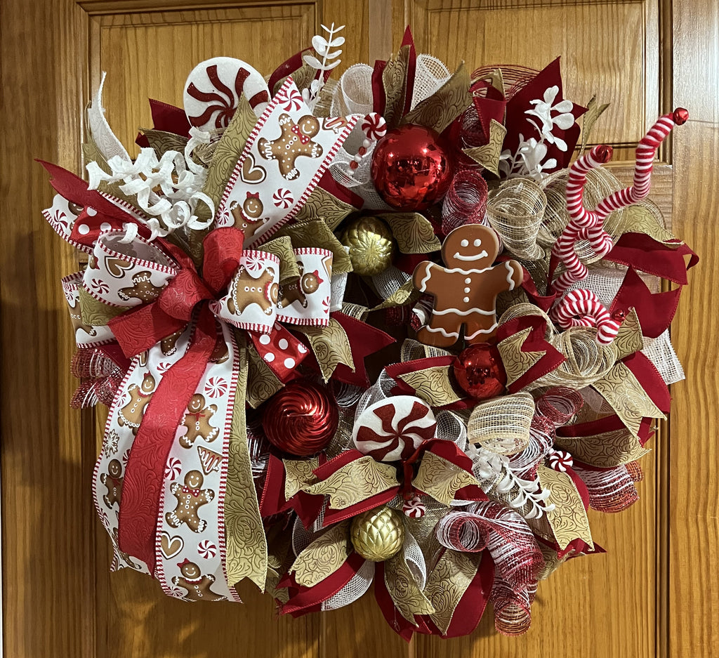 Gingerbread Christmas Wreath | Candy Cane Front Door Wreath | Handmade Christmas Cookie Holiday Decor | Farmhouse Christmas Door Hanger