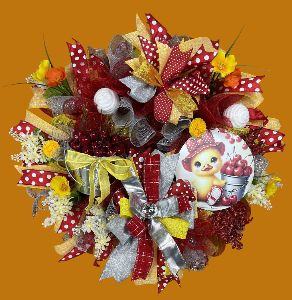 Cherry Summer Wreath with Duckling – Red & Yellow Front Door Decor
