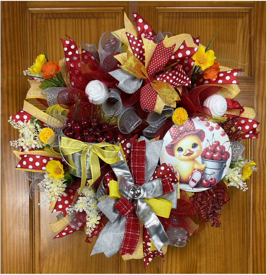 Cherry Summer Wreath with Duckling – Red & Yellow Front Door Decor