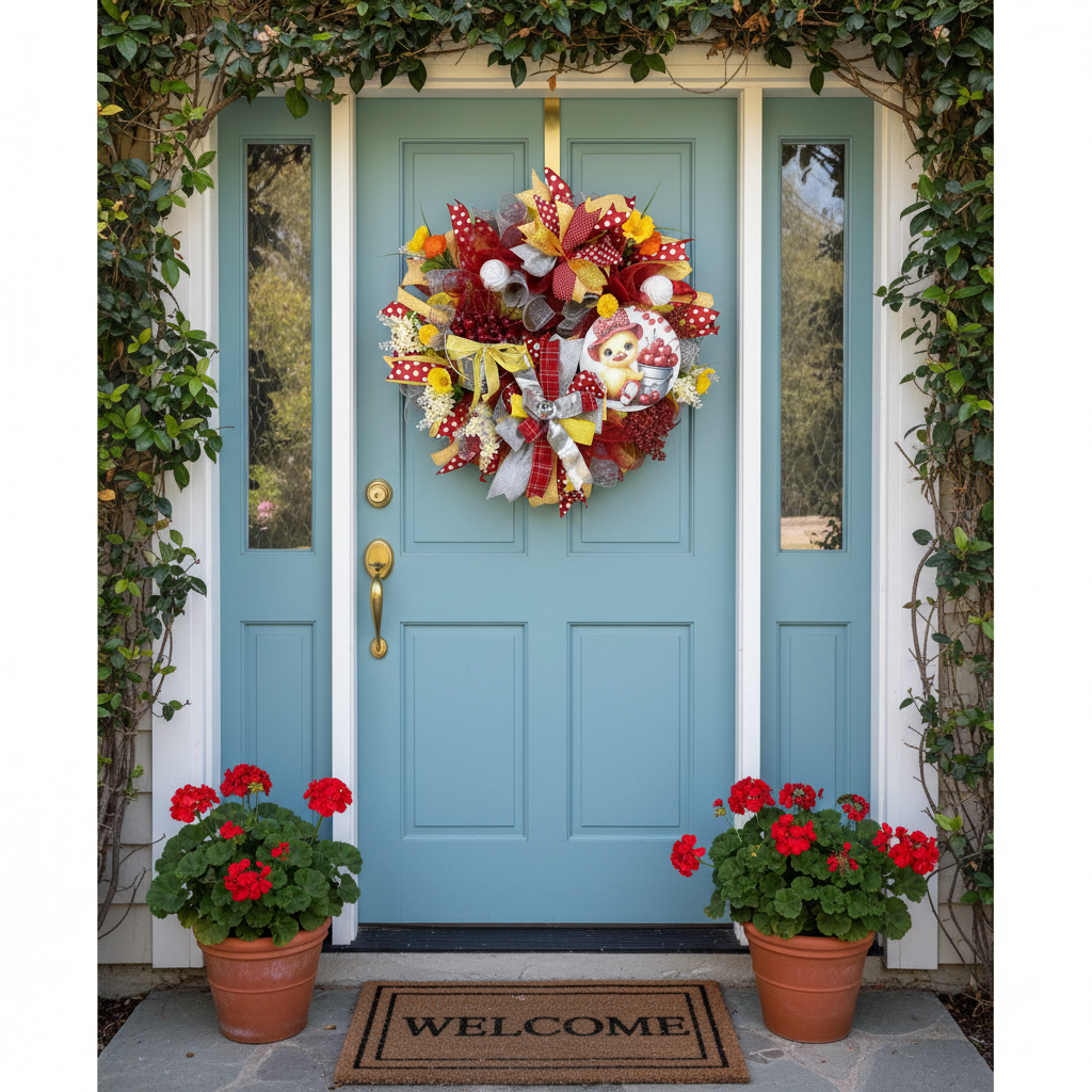 Cherry Summer Wreath with Duckling – Red & Yellow Front Door Decor