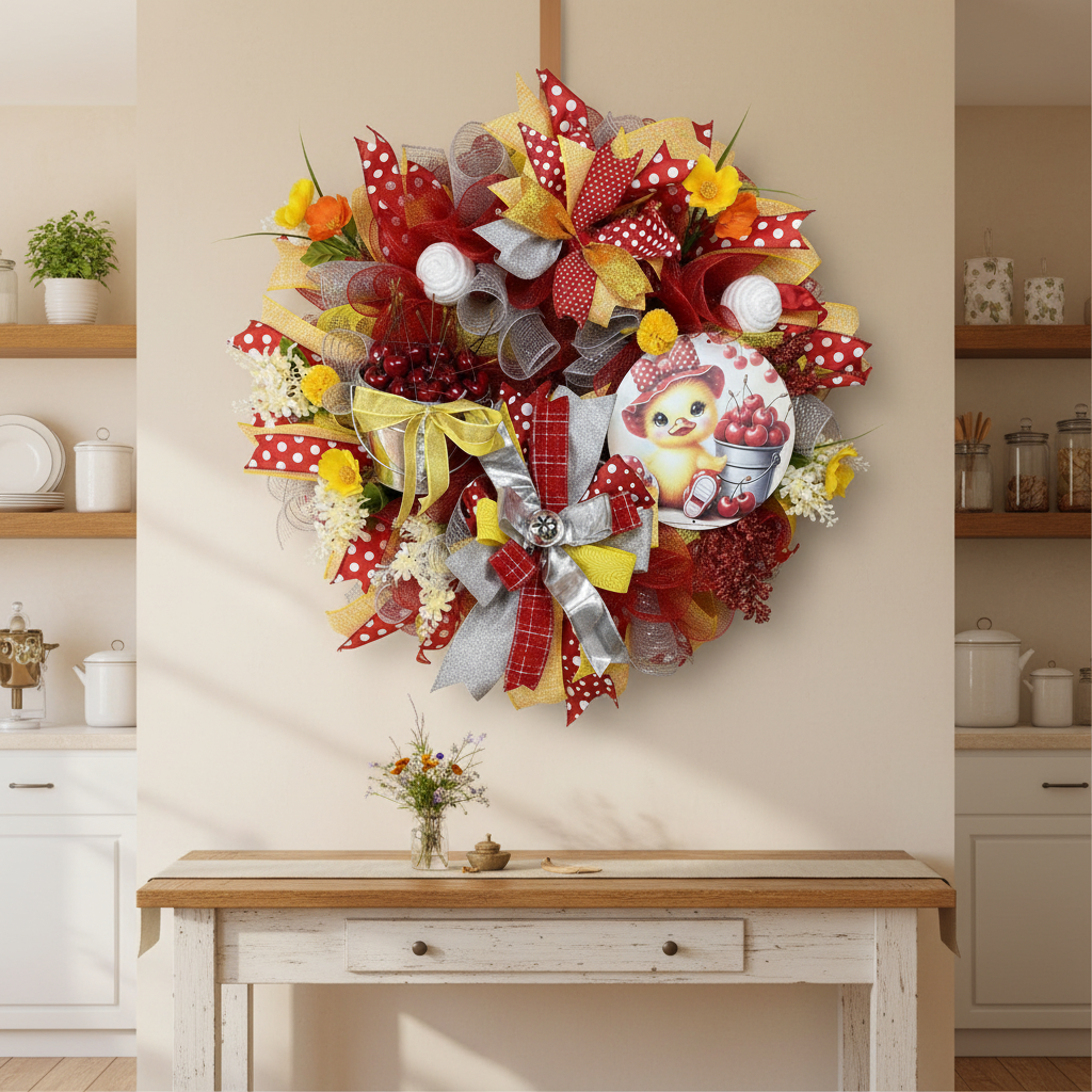 Cherry Summer Wreath with Duckling – Red & Yellow Front Door Decor