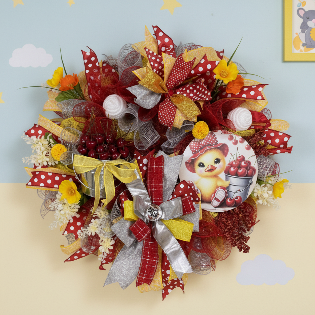 Cherry Summer Wreath with Duckling – Red & Yellow Front Door Decor