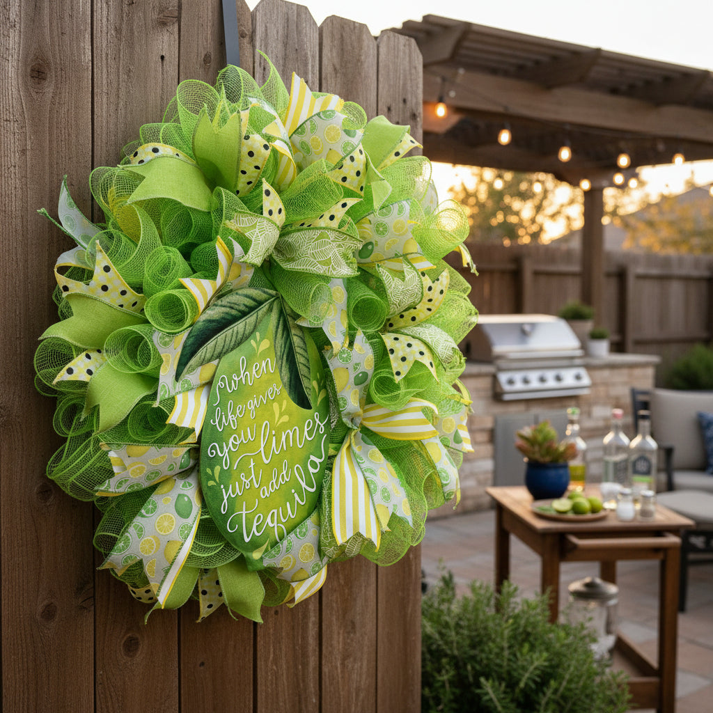 A green and yellow mesh decorative wreath hanging on a white paneled door. The wreath features layered green mesh, yellow and white striped ribbons, polka dot accents, and a central green leaf motif with the phrase 'when life gives you limes just add tequila' in white script.