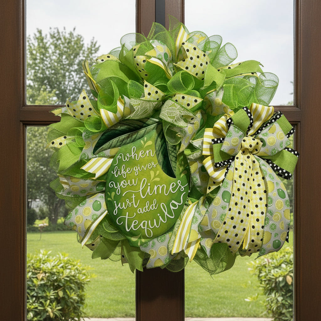 A green and yellow mesh decorative wreath hanging on a white paneled door. The wreath features layered lime green and yellow mesh, striped and polka-dot ribbon accents, and a central green sign with white script text reading, 'when life gives you limes just add tequila.