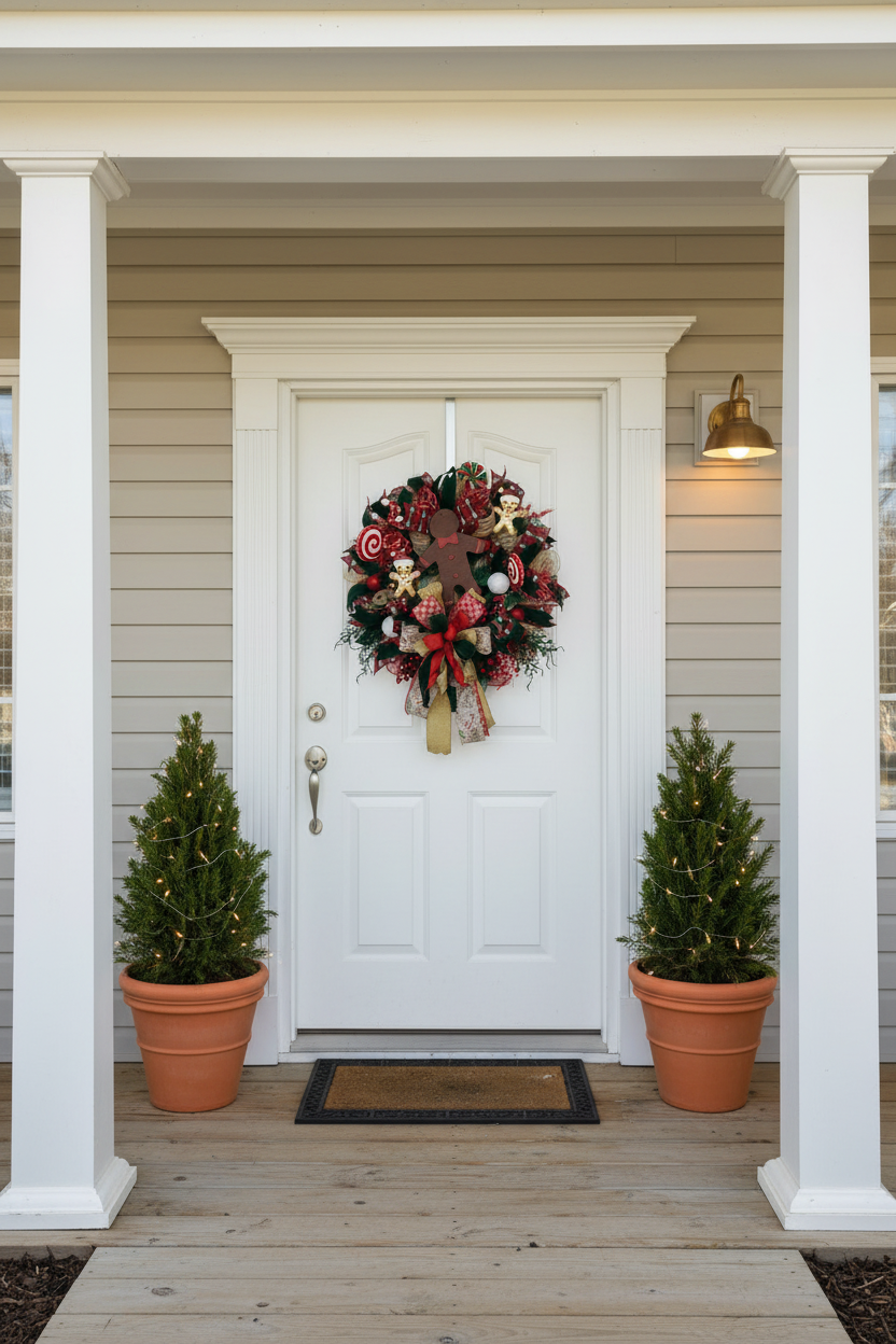 Gingerbread Christmas Wreath | Handmade Candy Cane Front Door Wreath | Whimsical Farmhouse Holiday Door Hanger | Christmas Cookie Decor