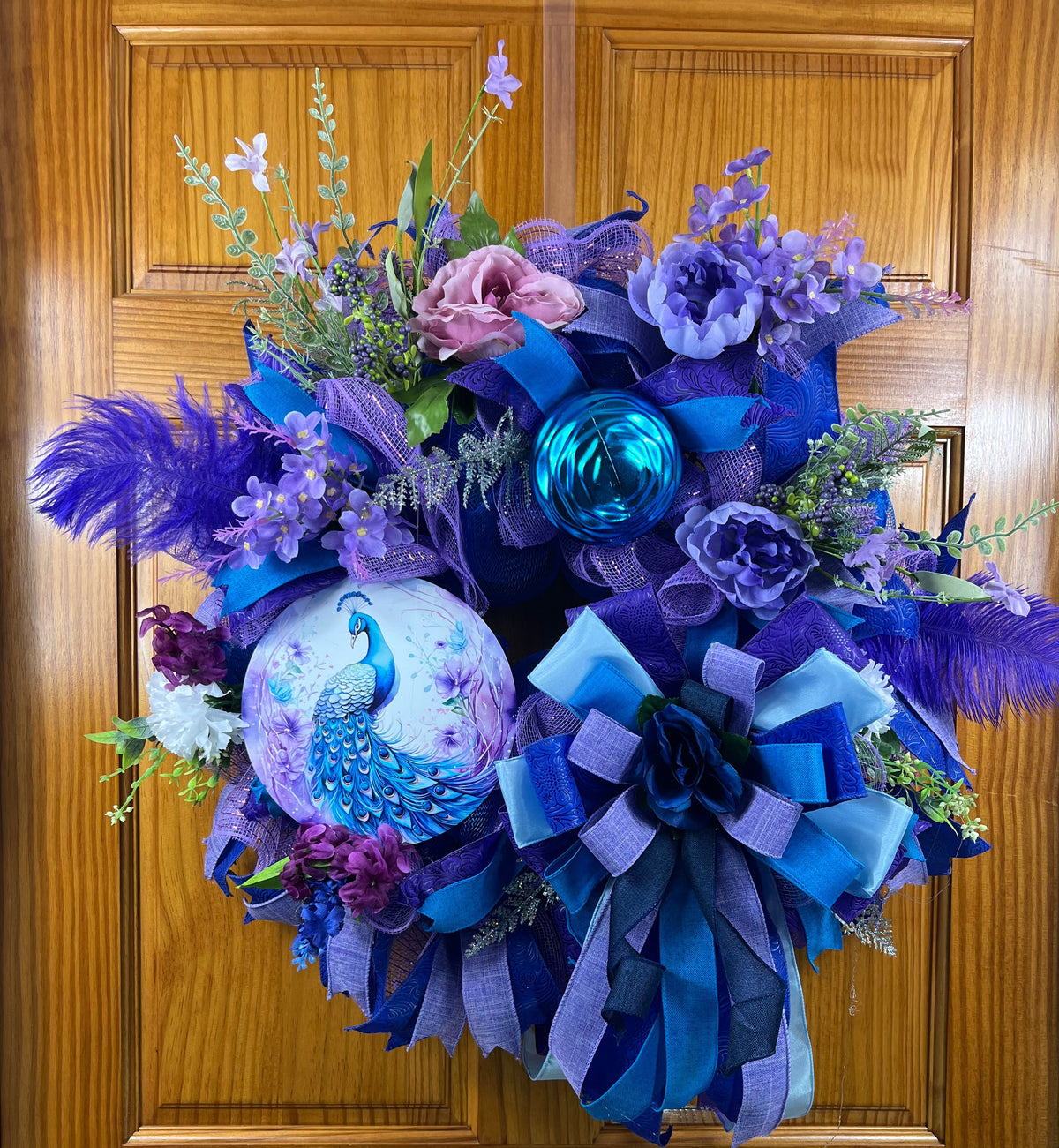 Royal Peacock Wreath | Handmade Blue & Purple Front Door Wreath | Elegant Floral Peacock Door Hanger | Luxury Everyday Home Decor