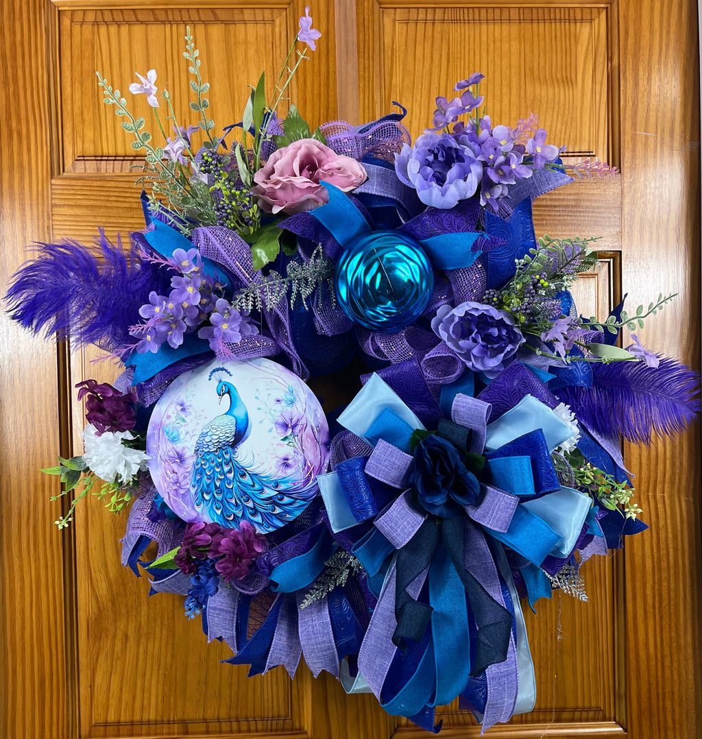 Royal Peacock Wreath | Handmade Blue & Purple Front Door Wreath | Elegant Floral Peacock Door Hanger | Luxury Everyday Home Decor