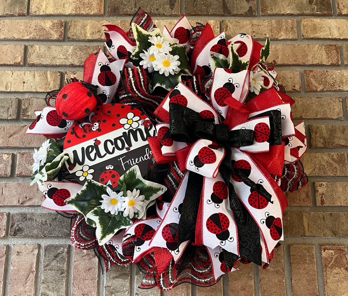 Ladybug Welcome Wreath | Handmade Spring Front Door Wreath | Garden Ladybug Door Hanger | Summer Farmhouse Decor