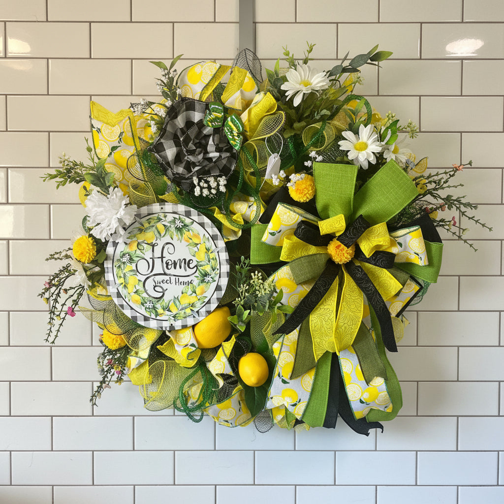 A decorative spring wreath with yellow and green ribbon, daisy flowers, faux lemons, and a circular sign reading 'Home Sweet Home,' hanging on a brown wooden door.