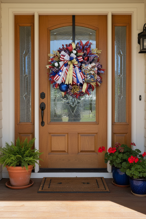 A patriotic 250th Anniversary decorative wreath featuring red, white, and blue ribbons, bows, stars, stripes, gold accents, and a central eagle emblem with the text '250 Years 1776-2026'.