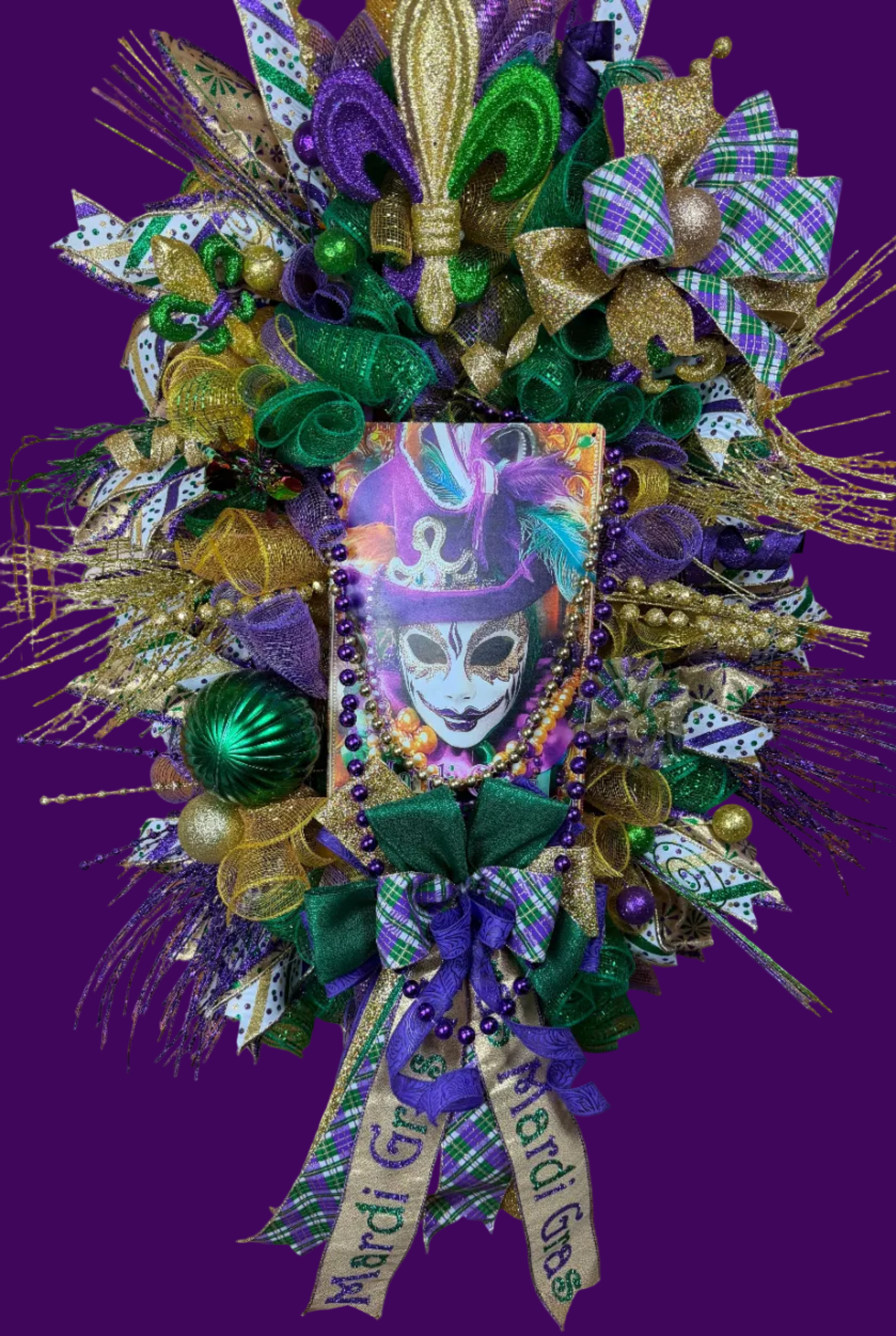 Mardi Gras, Purple Green and Gold Jester Front Door Wreath, New Orleans Carnival Door Decor, Fat Tuesday Decor, Fleur De Lis Carnival Door Hanger