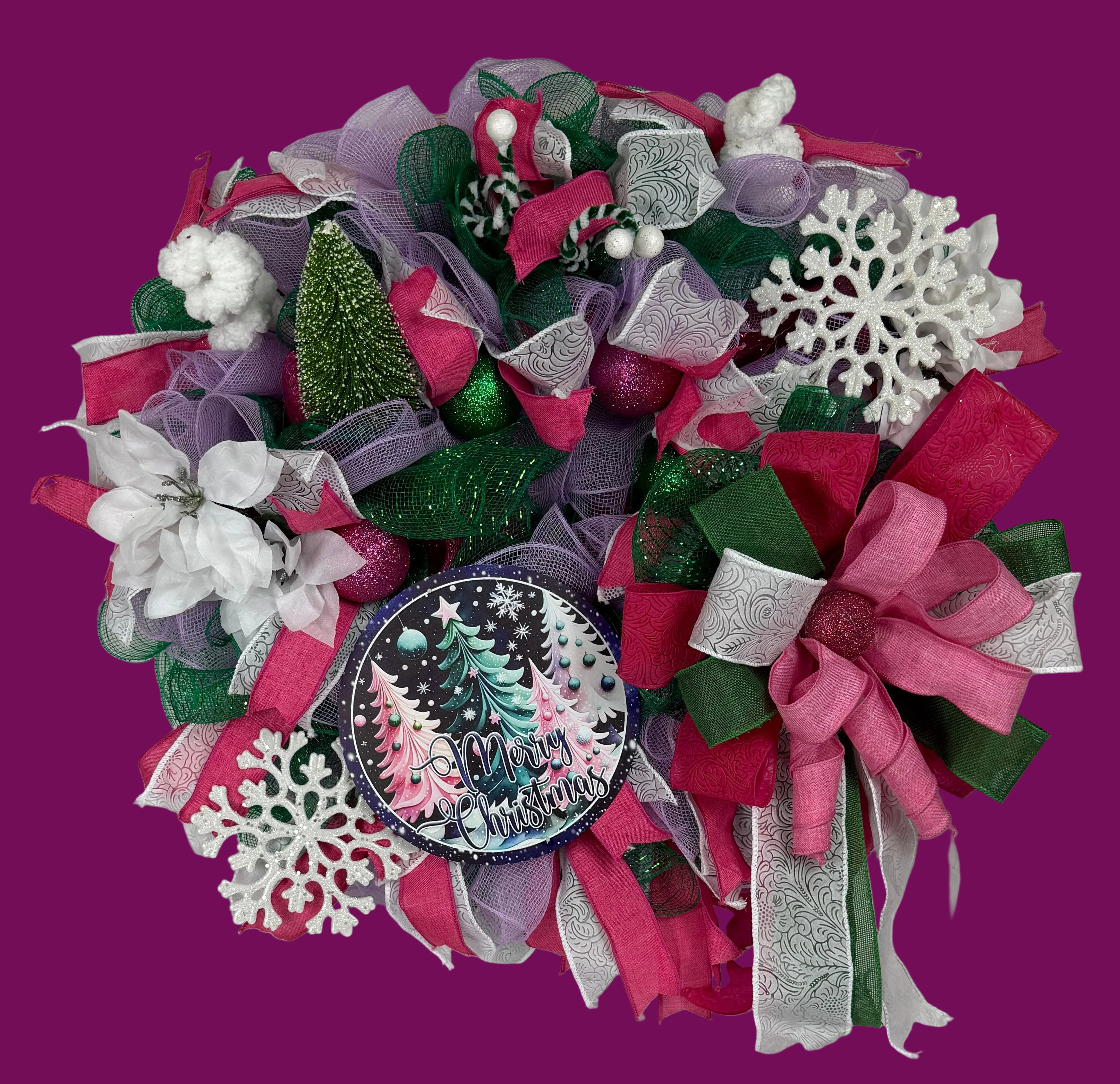 Pink & Purple Christmas Wreath | Whimsical Merry Christmas Front Door Wreath | Handmade Holiday Mesh Door Decor | Winter Snowflake Wreath