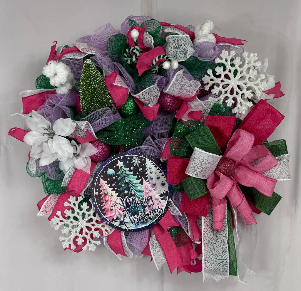Pink & Purple Christmas Wreath | Whimsical Merry Christmas Front Door Wreath | Handmade Holiday Mesh Door Decor | Winter Snowflake Wreath