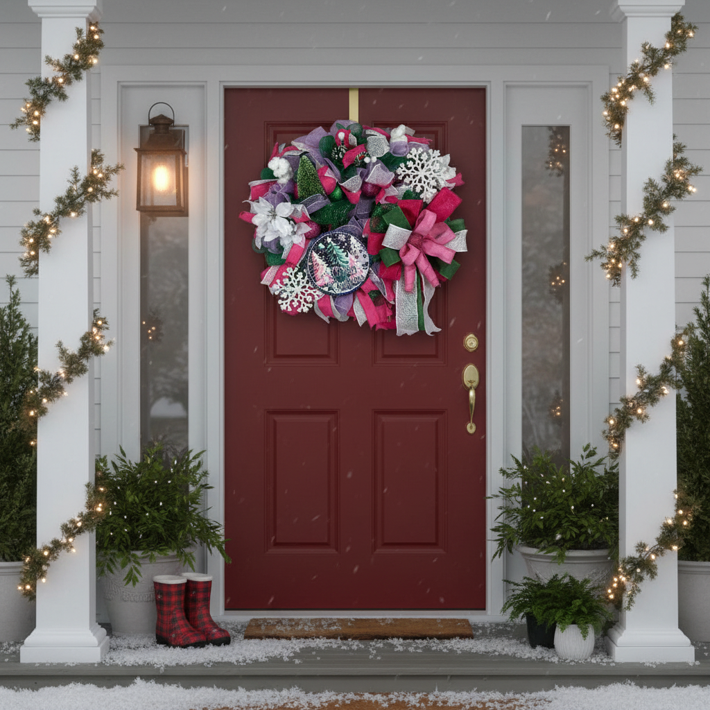 Pink & Purple Christmas Wreath | Whimsical Merry Christmas Front Door Wreath | Handmade Holiday Mesh Door Decor | Winter Snowflake Wreath