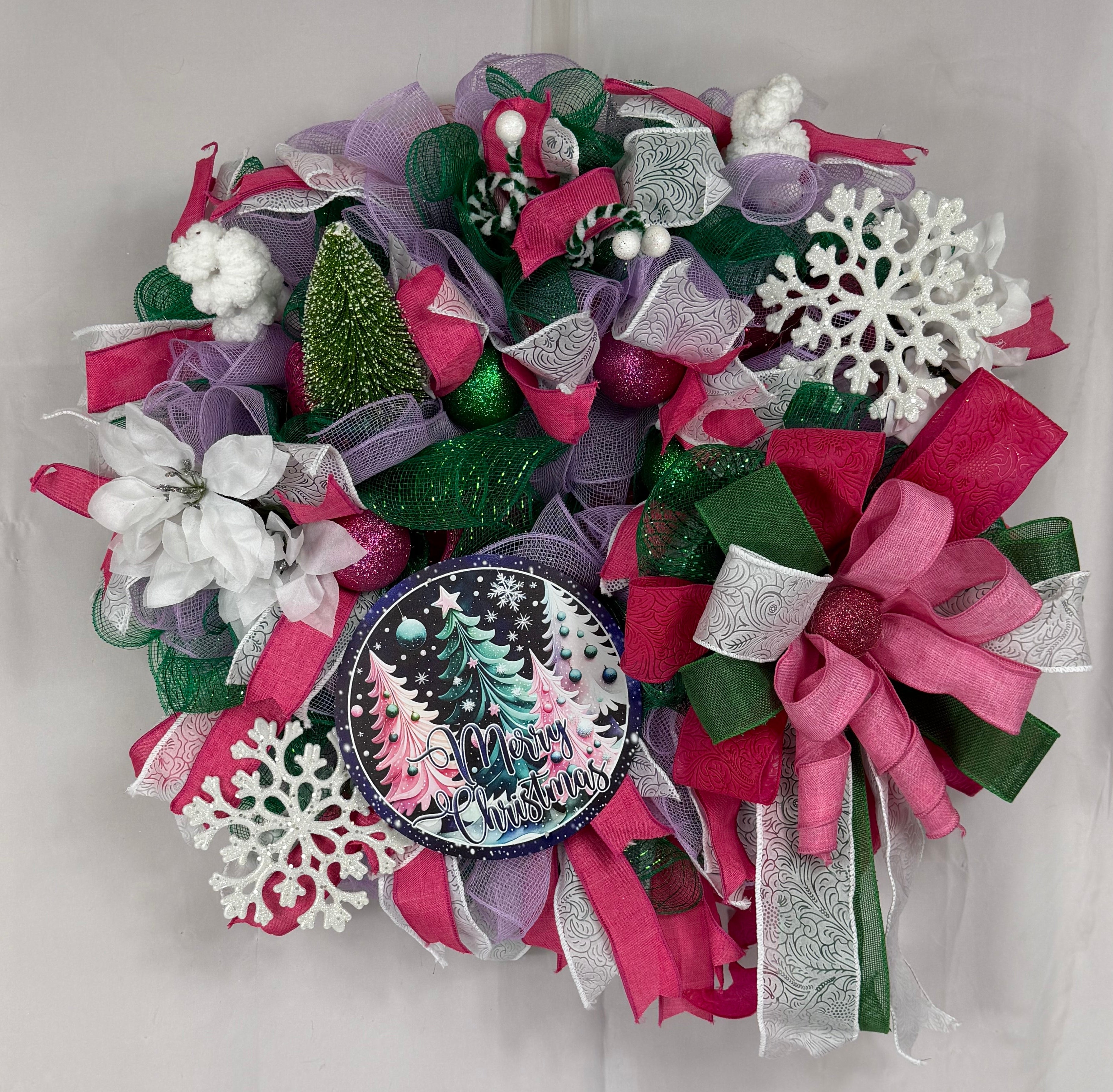 Pink & Purple Christmas Wreath | Whimsical Merry Christmas Front Door Wreath | Handmade Holiday Mesh Door Decor | Winter Snowflake Wreath