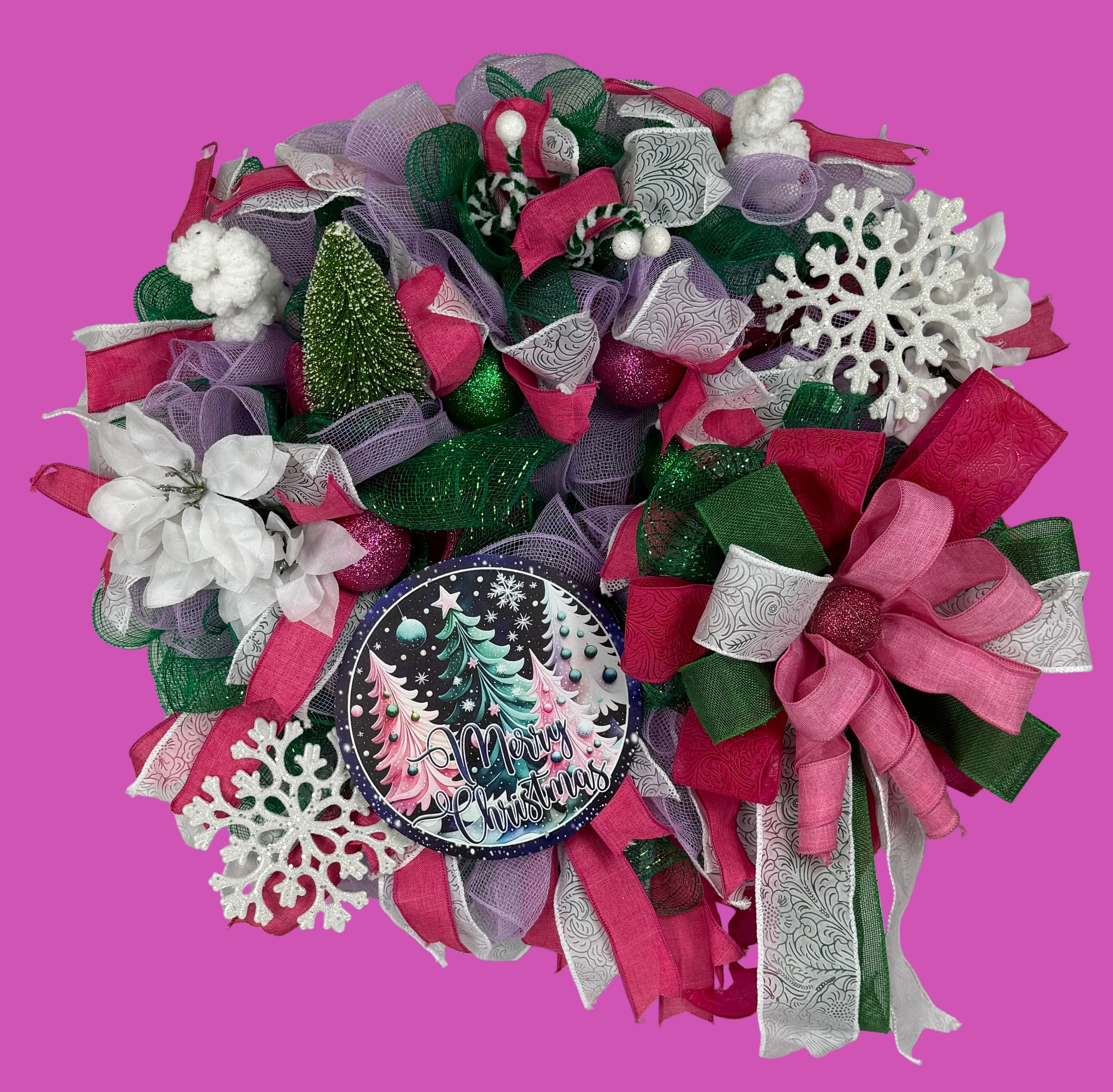 Pink & Purple Christmas Wreath | Whimsical Merry Christmas Front Door Wreath | Handmade Holiday Mesh Door Decor | Winter Snowflake Wreath
