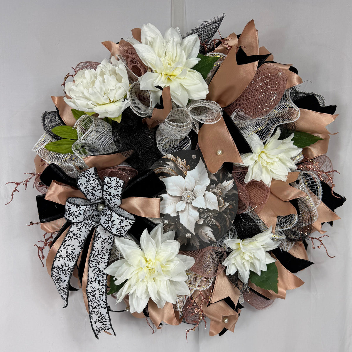 Black & Champagne Dahlia Wreath| Elegant Glam Front Door Decor