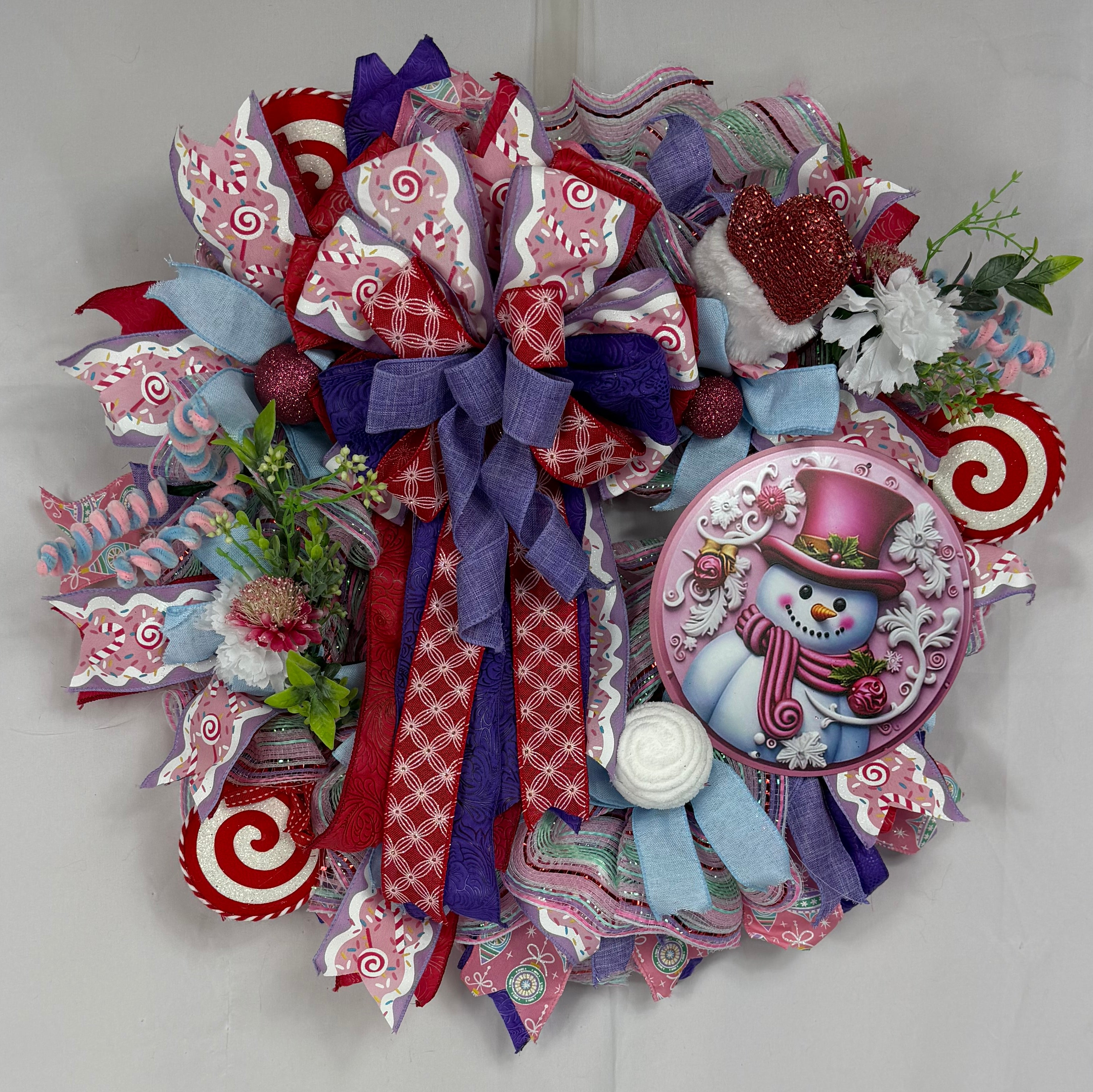 Pink Snowman Christmas Wreath | Candyland Holiday Front Door Wreath | Pastel Peppermint Christmas Decor | Handmade Winter Door Hanger