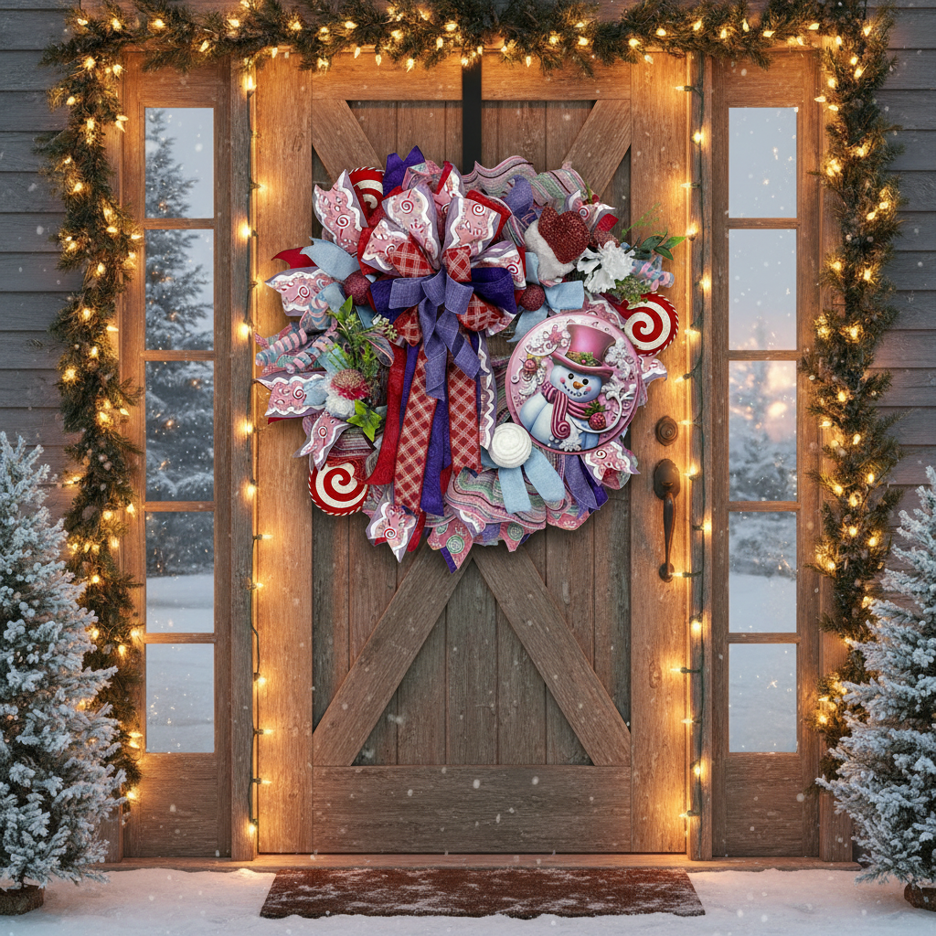 Pink Snowman Christmas Wreath | Candyland Holiday Front Door Wreath | Pastel Peppermint Christmas Decor | Handmade Winter Door Hanger