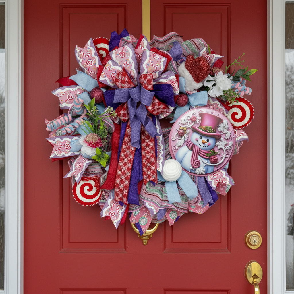 Pink Snowman Christmas Wreath | Candyland Holiday Front Door Wreath | Pastel Peppermint Christmas Decor | Handmade Winter Door Hanger