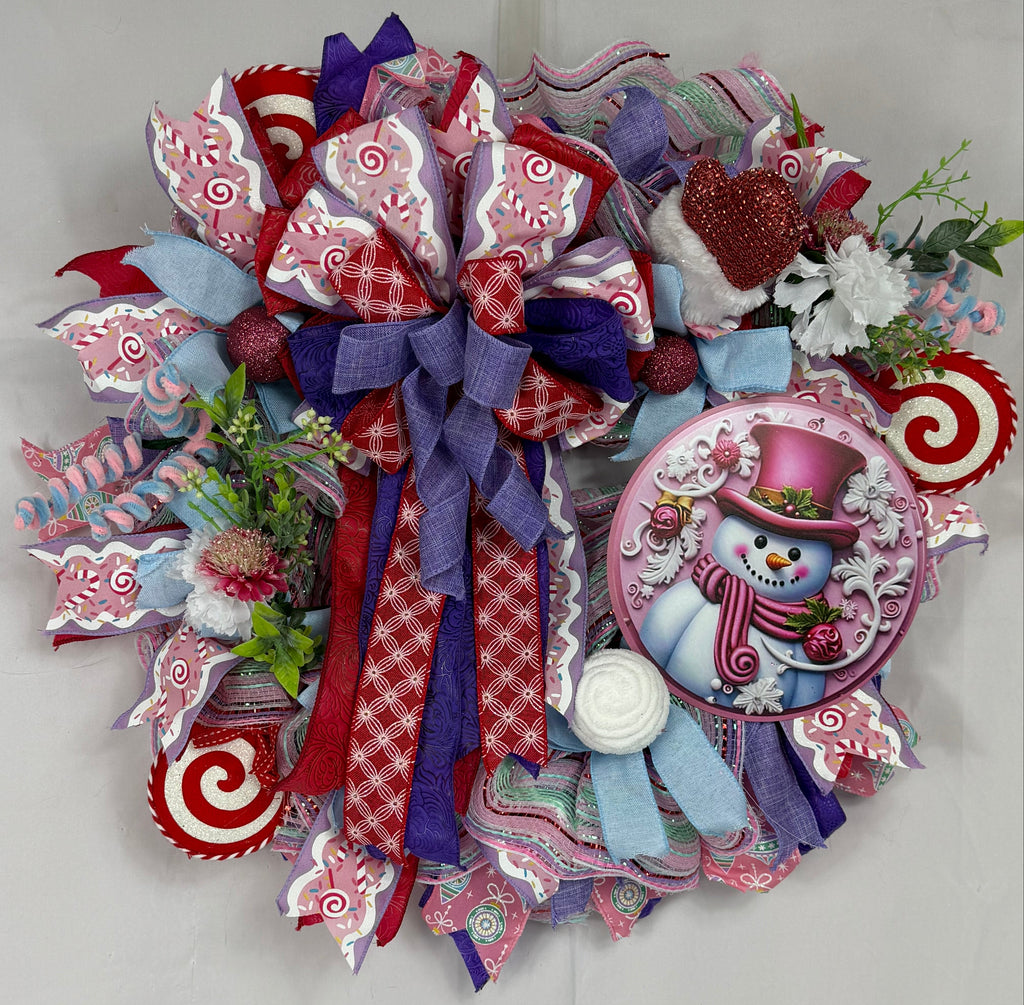 Pink Snowman Christmas Wreath | Candyland Holiday Front Door Wreath | Pastel Peppermint Christmas Decor | Handmade Winter Door Hanger