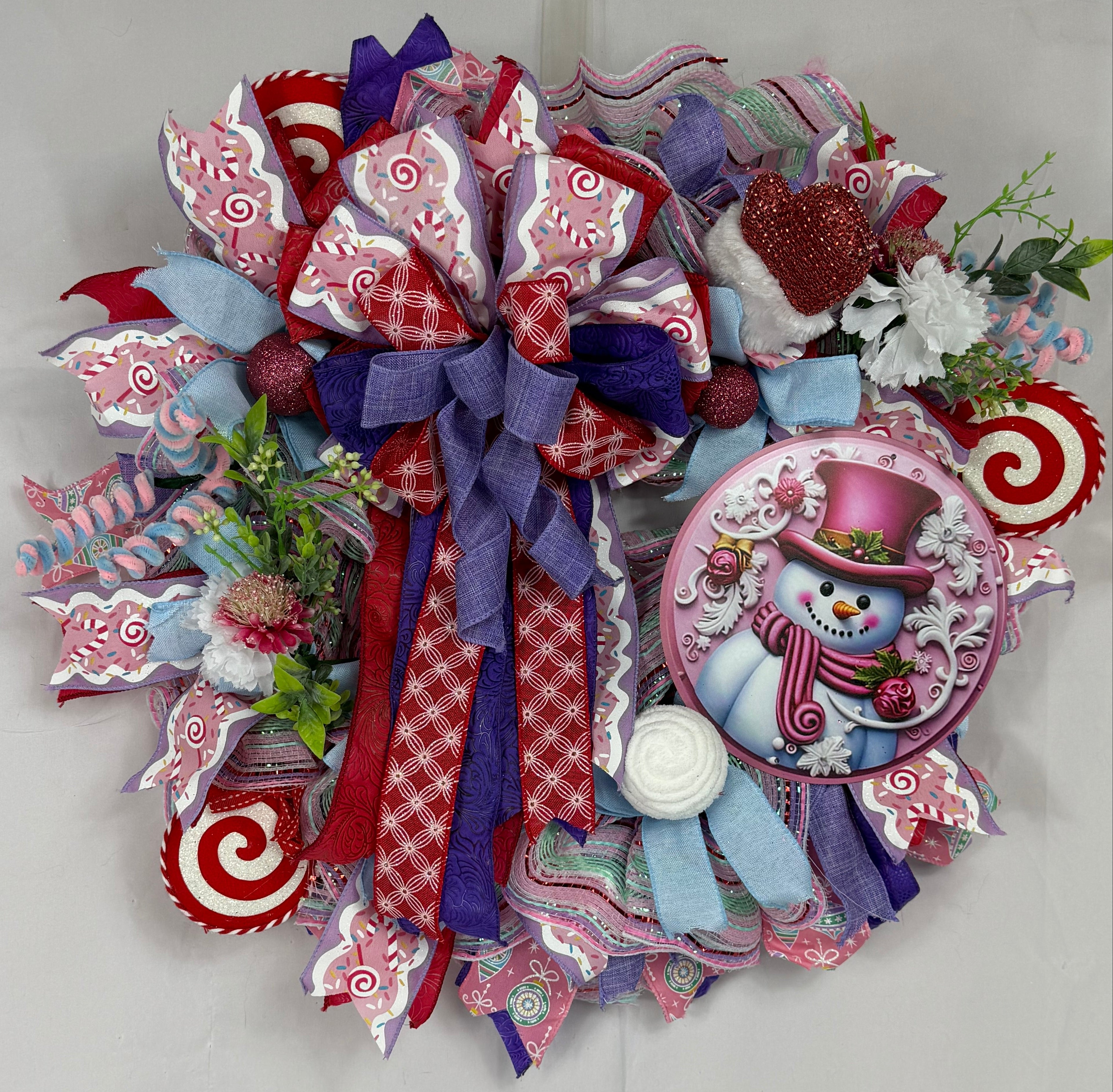 Pink Snowman Christmas Wreath | Candyland Holiday Front Door Wreath | Pastel Peppermint Christmas Decor | Handmade Winter Door Hanger