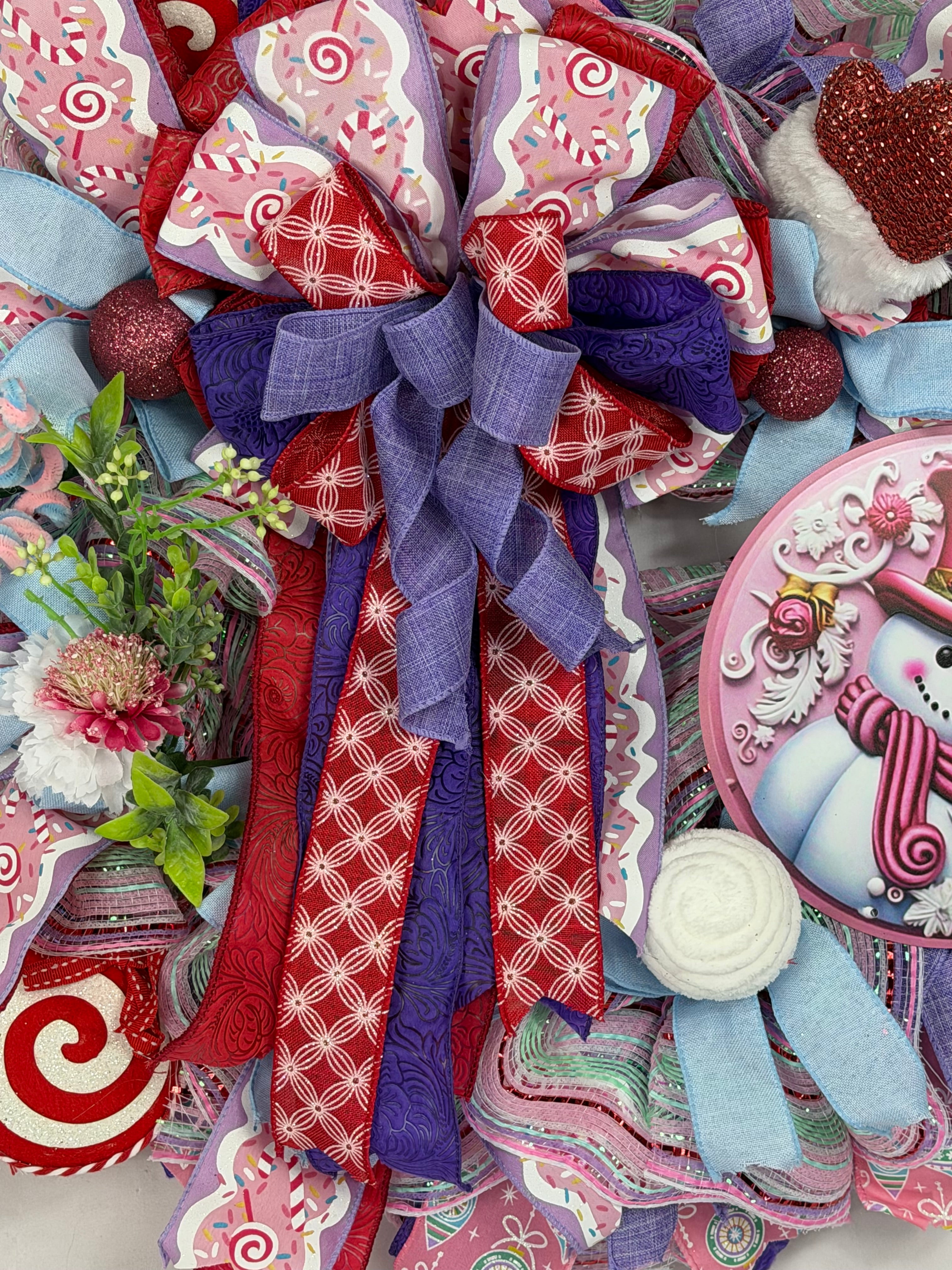 Pink Snowman Christmas Wreath | Candyland Holiday Front Door Wreath | Pastel Peppermint Christmas Decor | Handmade Winter Door Hanger