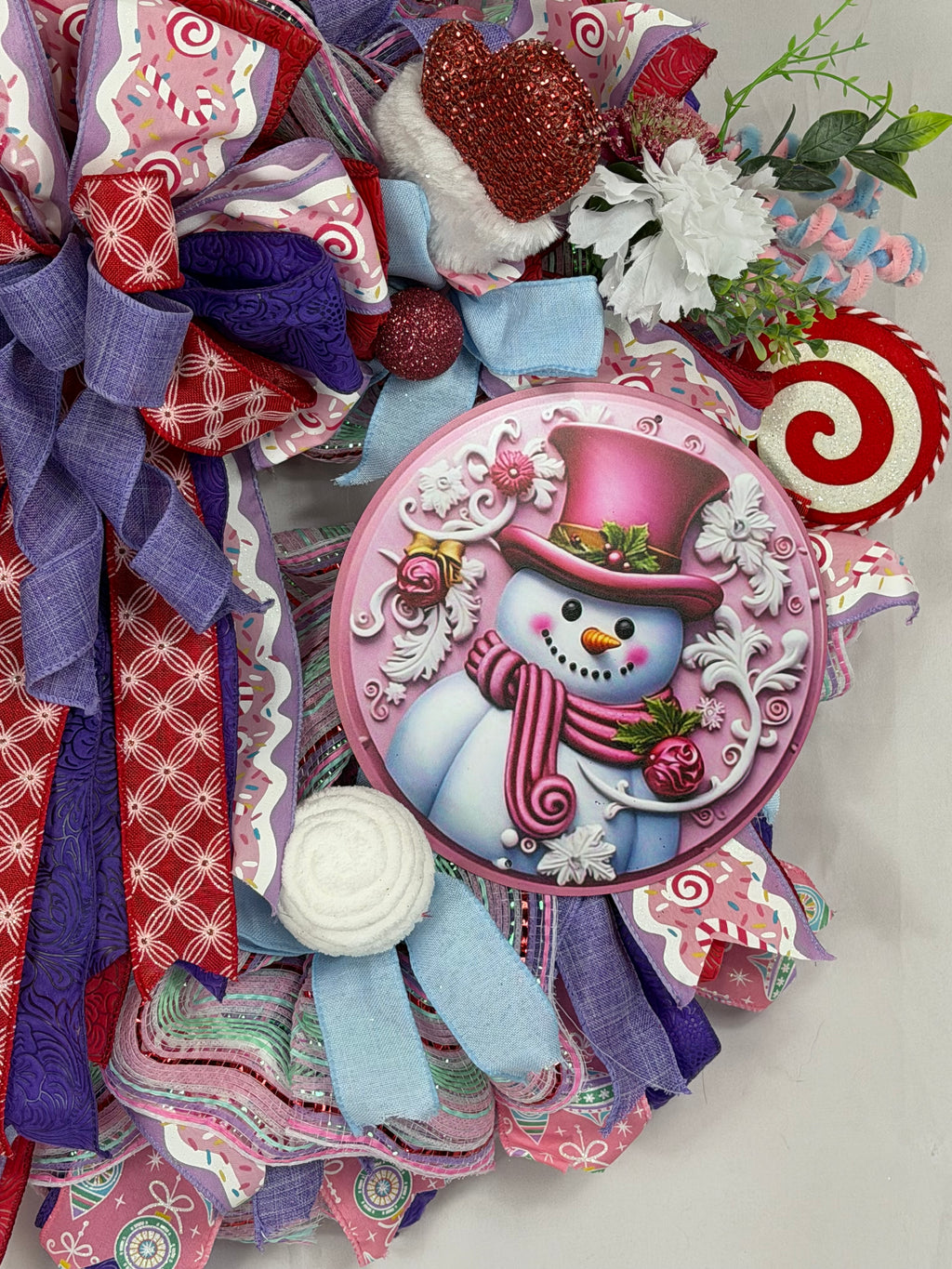 Pink Snowman Christmas Wreath | Candyland Holiday Front Door Wreath | Pastel Peppermint Christmas Decor | Handmade Winter Door Hanger