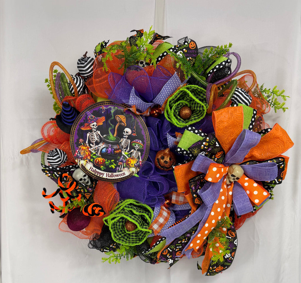 Happy Halloween Skeleton Wreath | Handmade Halloween Front Door Wreath | Spooky Skeleton Family Decor | Orange Purple Mesh Wreath
