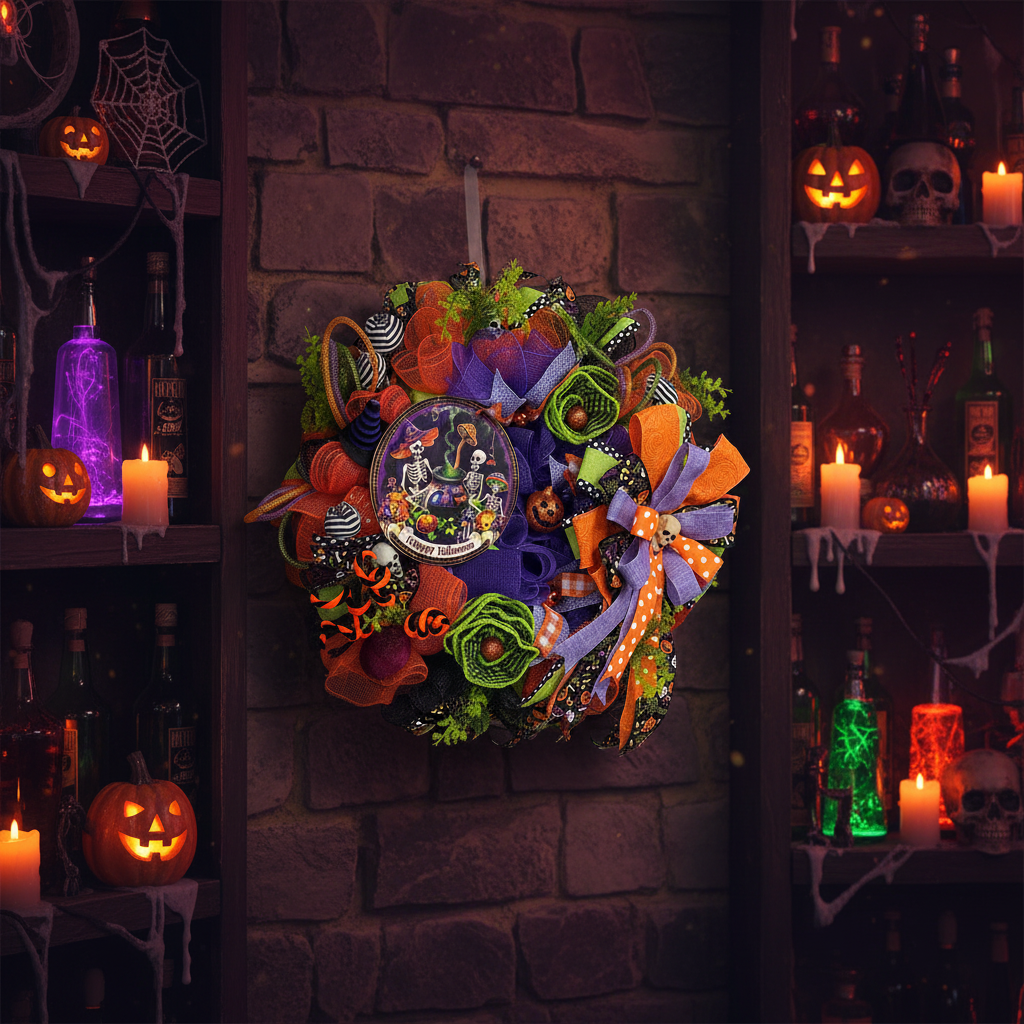A Halloween-themed decorative wreath hanging on a dark brick wall, surrounded by shelves with candles, jack-o'-lanterns, bottles, skulls, and spider decorations.