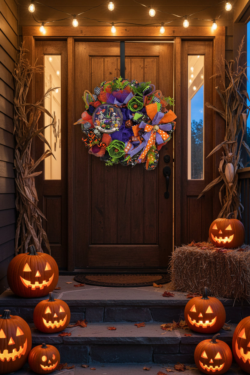 Happy Halloween Skeleton Wreath | Handmade Halloween Front Door Wreath | Spooky Skeleton Family Decor | Orange Purple Mesh Wreath