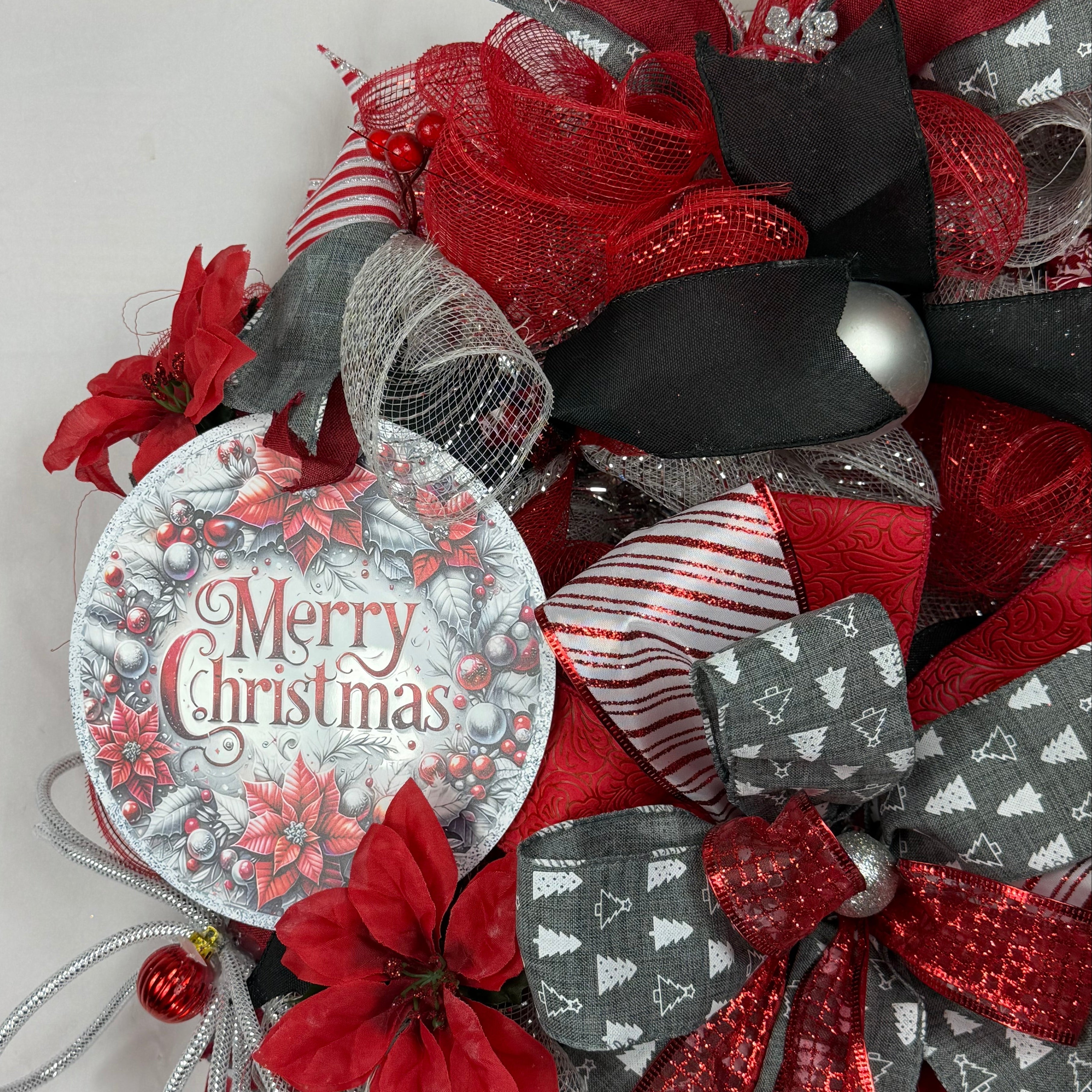 Merry Christmas Wreath | Traditional Christmas Front Door Wreath | Red Silver Farmhouse Holiday Decor | Handmade Christmas Door Hanger