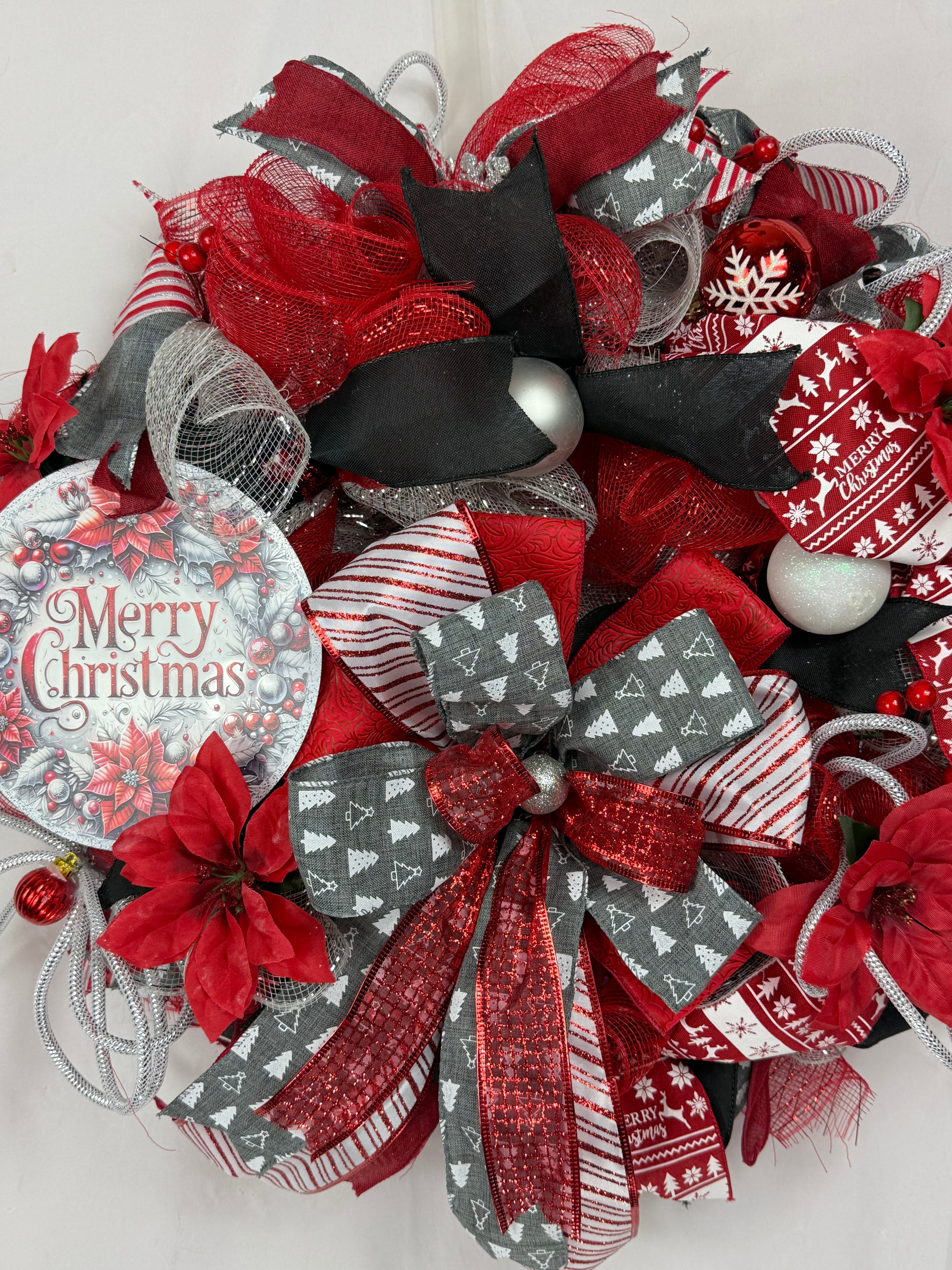 Merry Christmas Wreath | Traditional Christmas Front Door Wreath | Red Silver Farmhouse Holiday Decor | Handmade Christmas Door Hanger