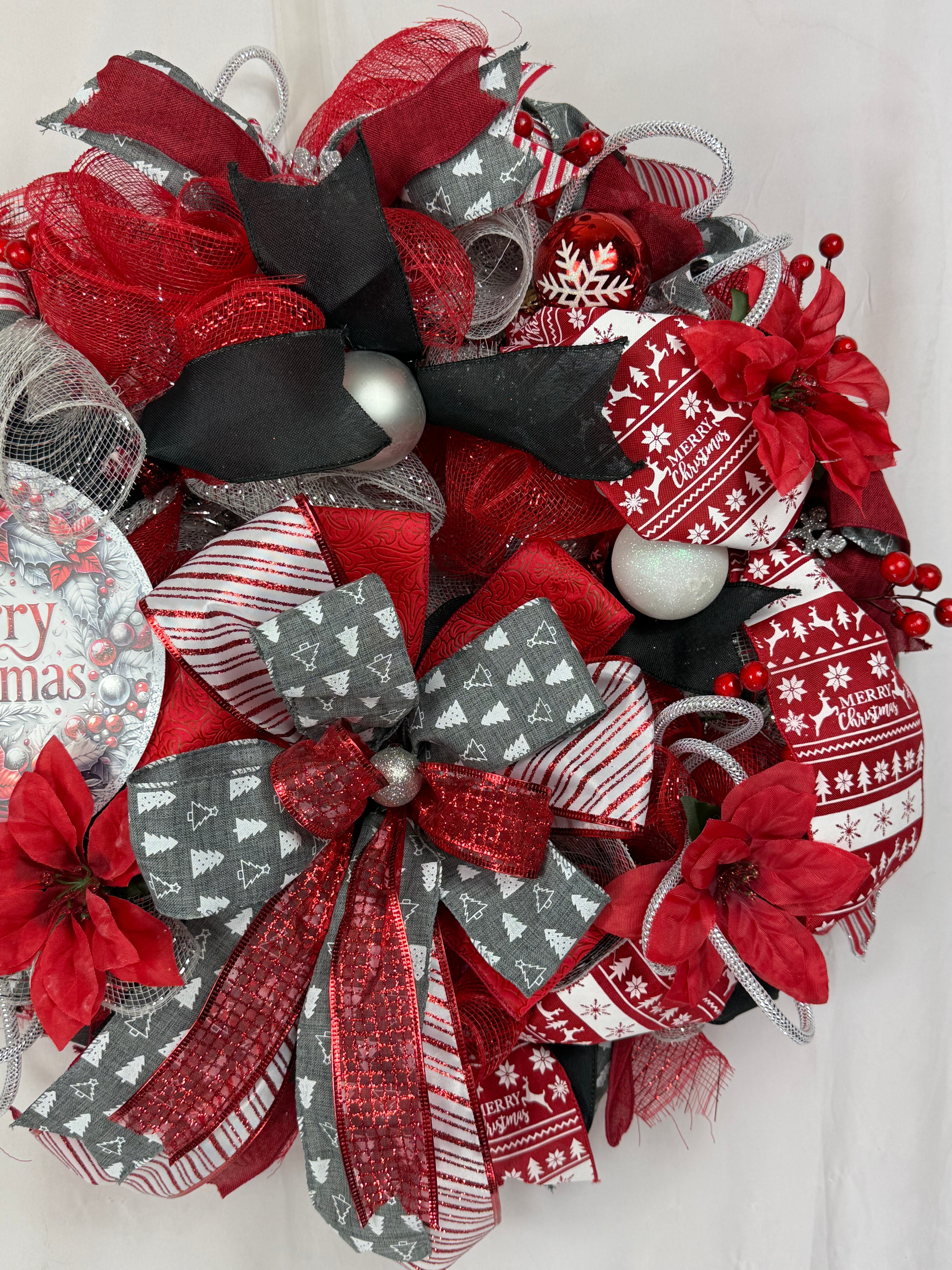 Merry Christmas Wreath | Traditional Christmas Front Door Wreath | Red Silver Farmhouse Holiday Decor | Handmade Christmas Door Hanger