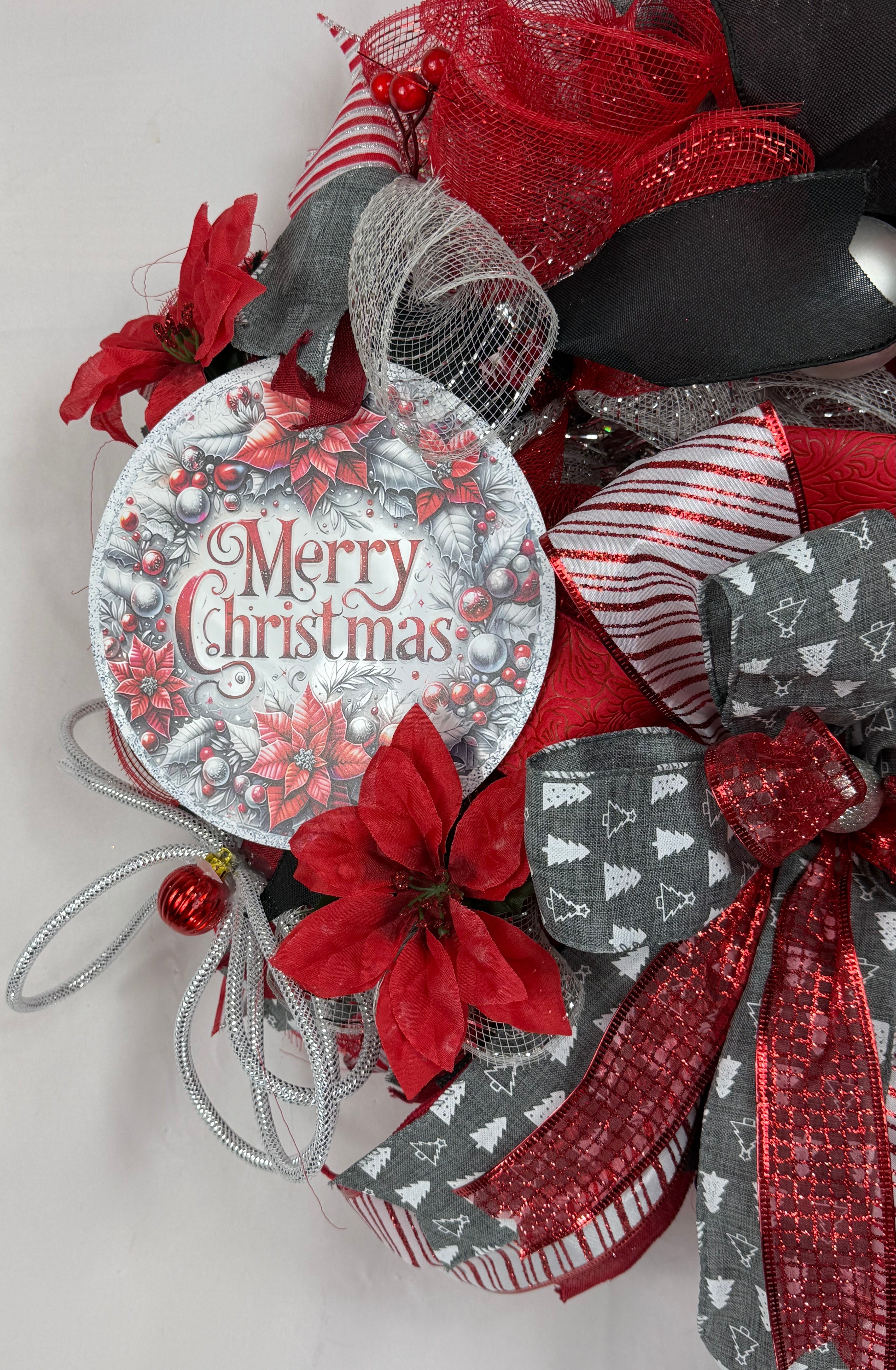 Merry Christmas Wreath | Traditional Christmas Front Door Wreath | Red Silver Farmhouse Holiday Decor | Handmade Christmas Door Hanger