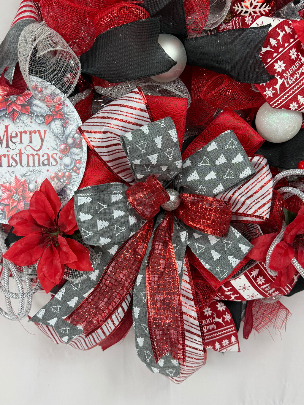 Merry Christmas Wreath | Traditional Christmas Front Door Wreath | Red Silver Farmhouse Holiday Decor | Handmade Christmas Door Hanger
